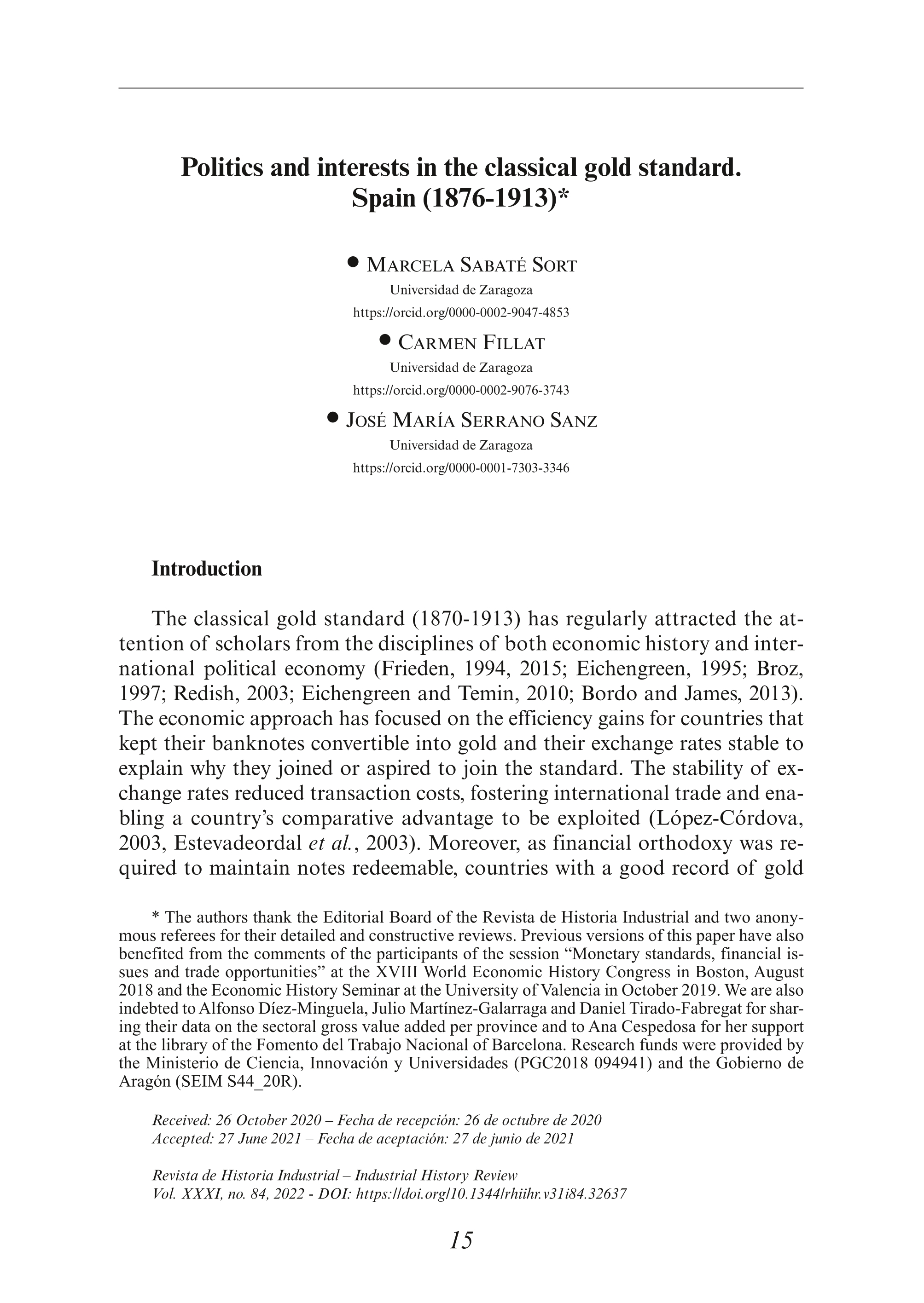 Politics and interests in the classical gold standard. Spain (1876-1913)