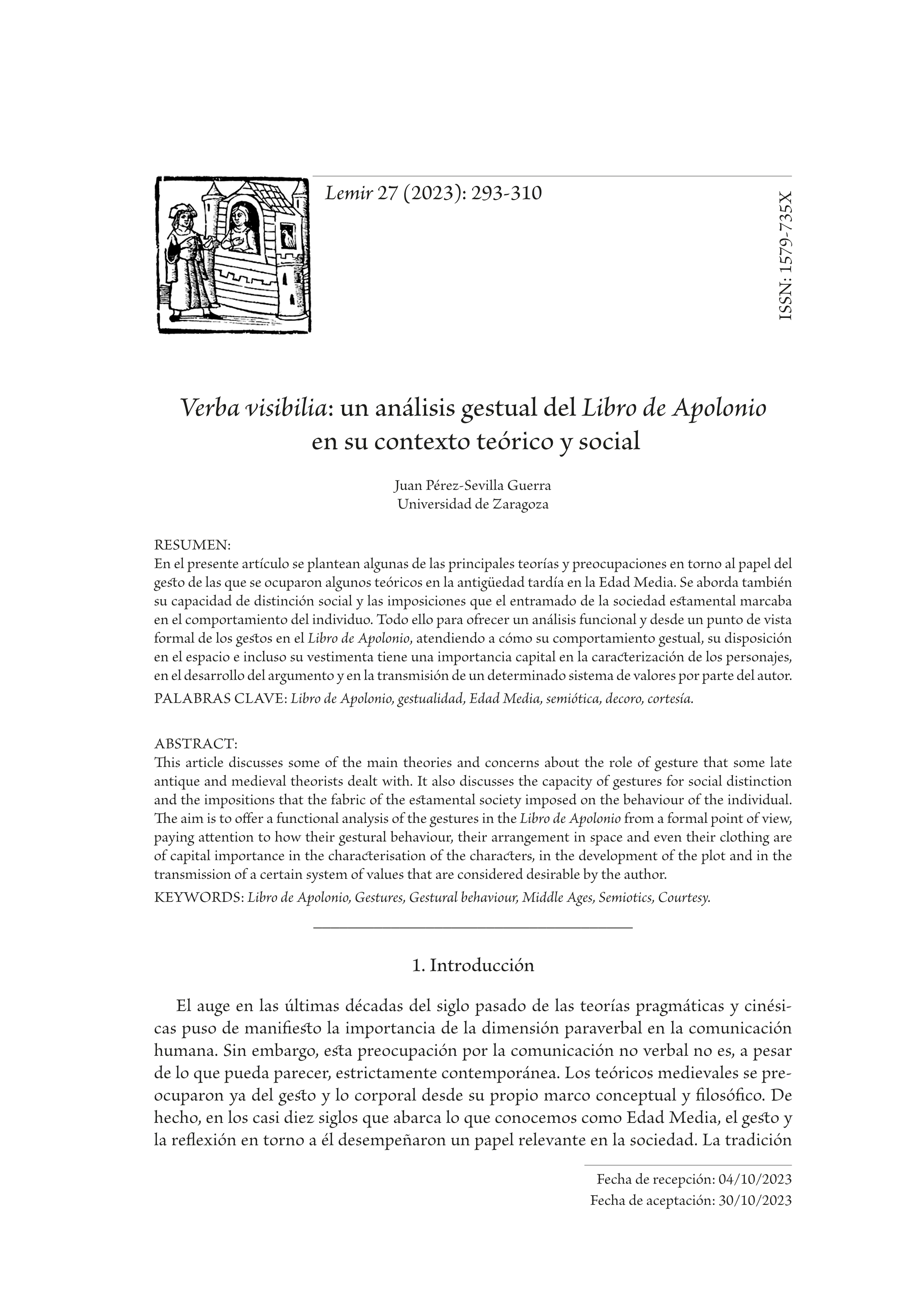 Verba visibilia: un análisis gestual del libro de Apolonio en su contexto teórico y social