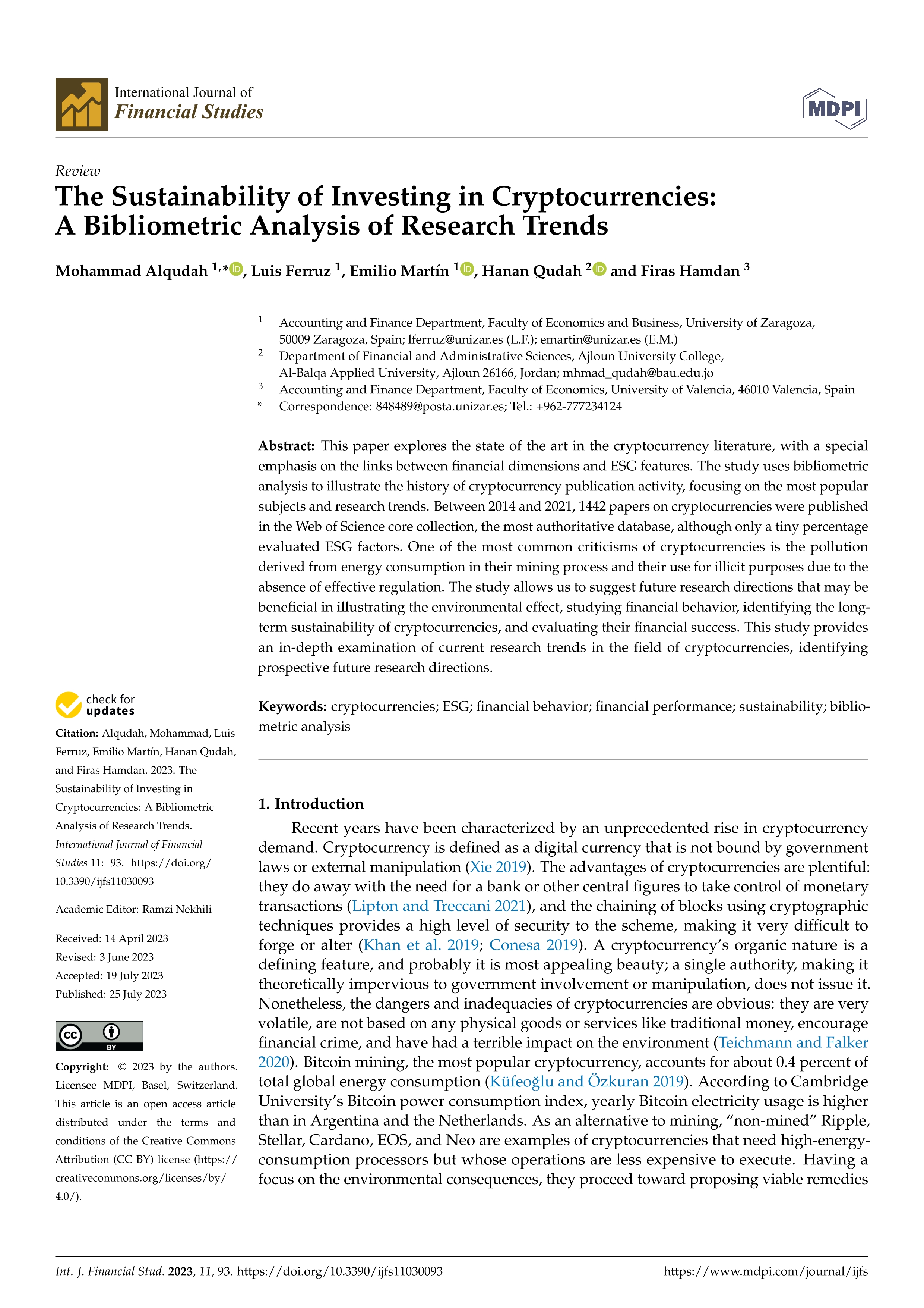 The sustainability of investing in cryptocurrencies: a bibliometric analysis of research trends