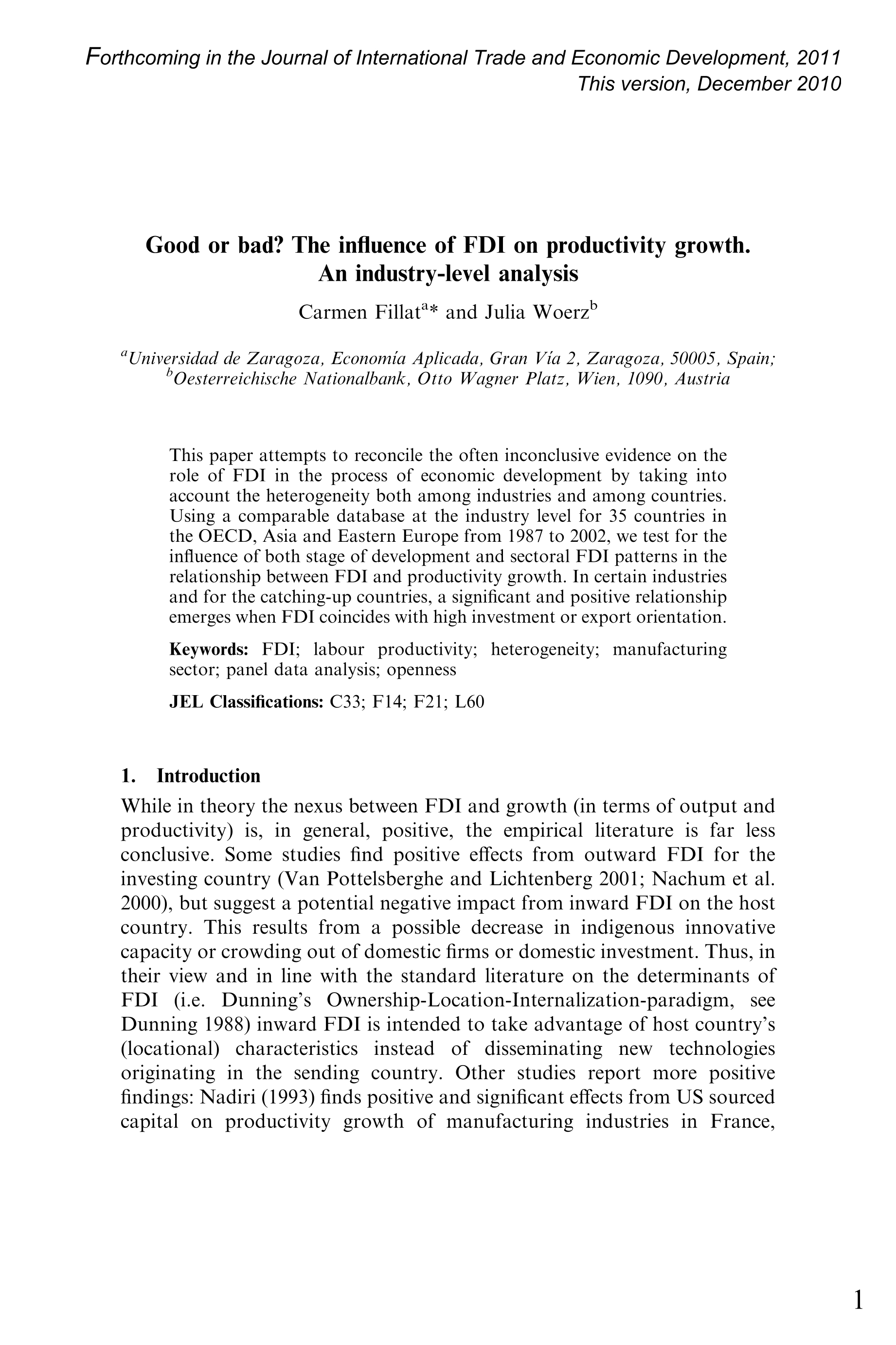 Good or bad? The influence of FDI on productivity growth. An industry-level analysis