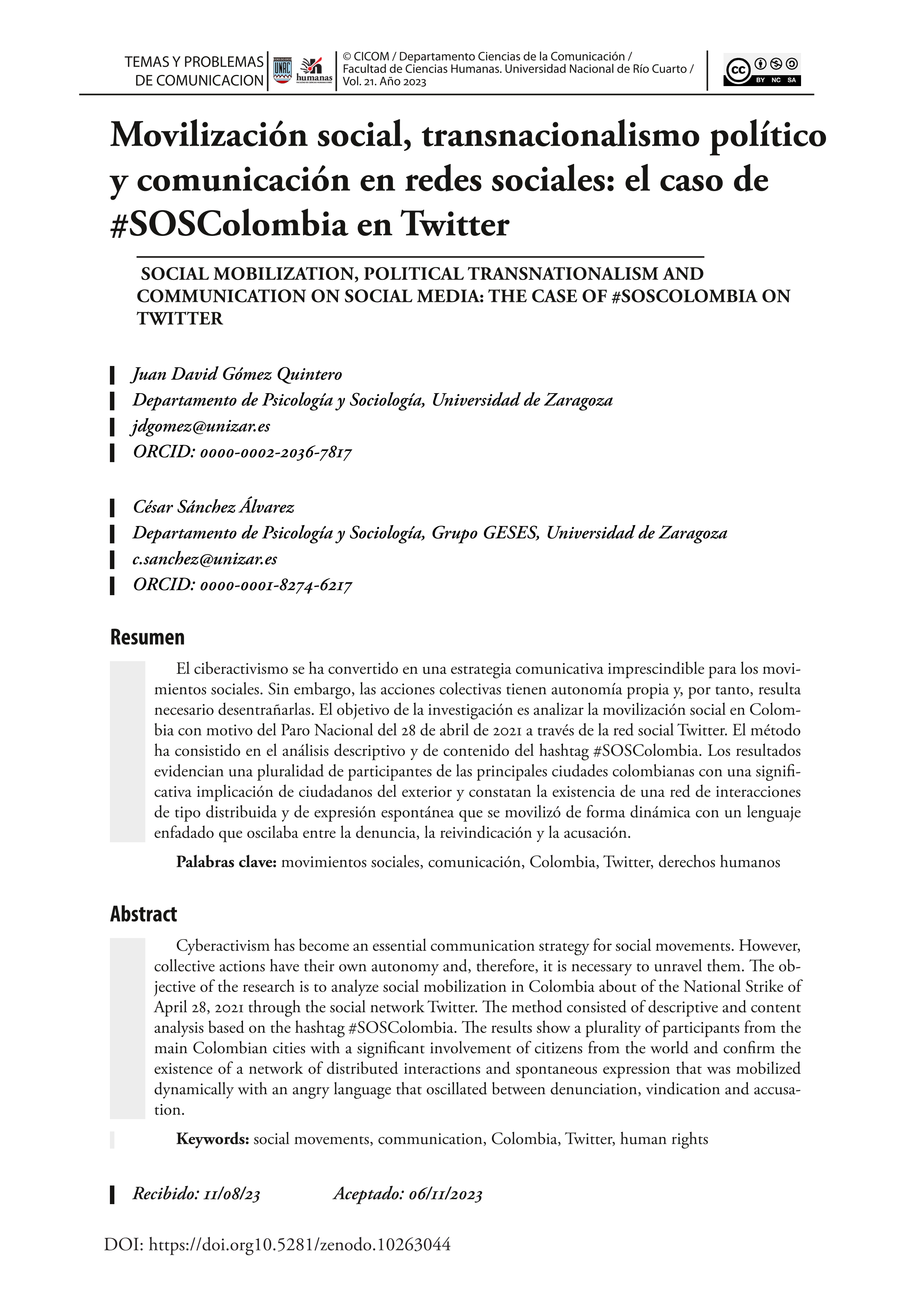 Movilización social, transnacionalismo político y comunicación en redes sociales: el caso de #SOSColombia en Twitter
