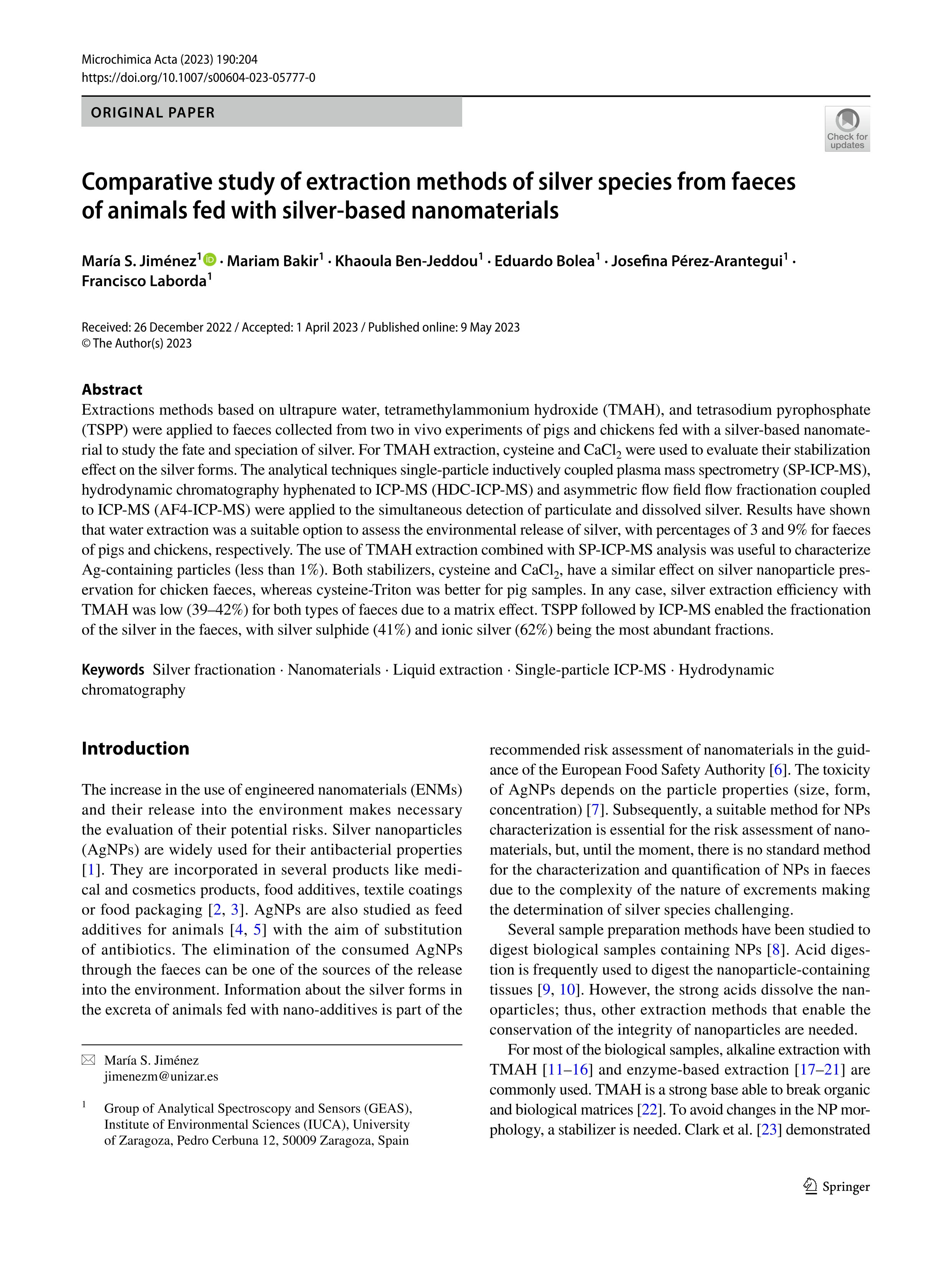 Comparative study of extraction methods of silver species from faeces of animals fed with silver-based nanomaterials