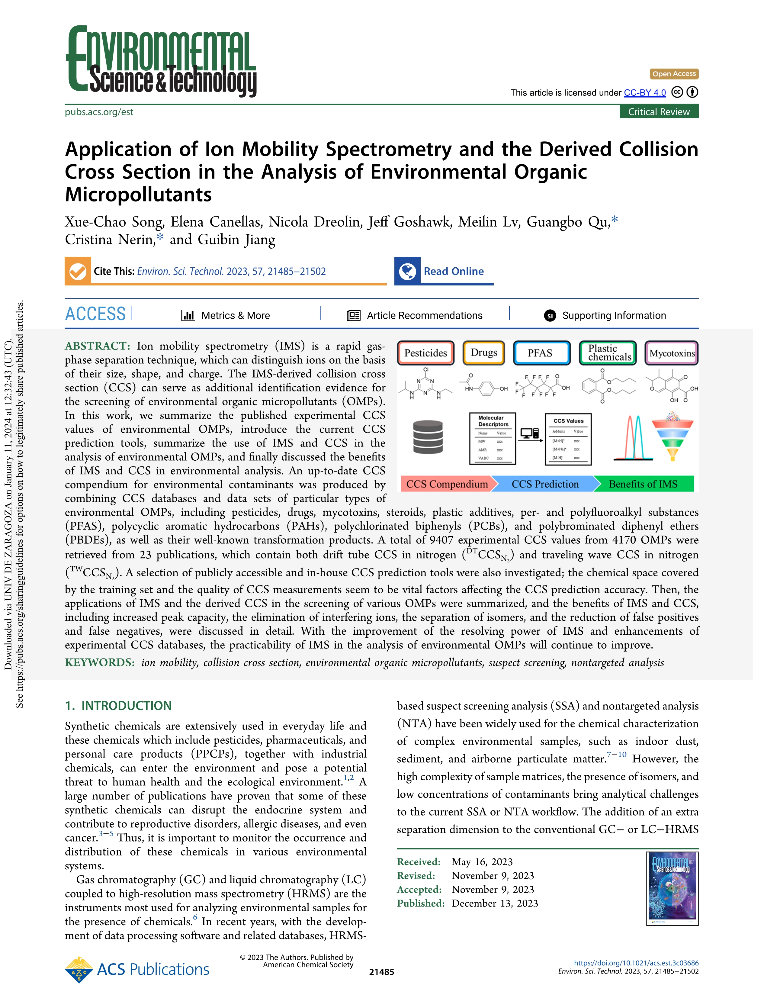 Application of Ion mobility Spectrometry and the derived collision Cross Section in the Analysis of Environmental Organic Micropollutants