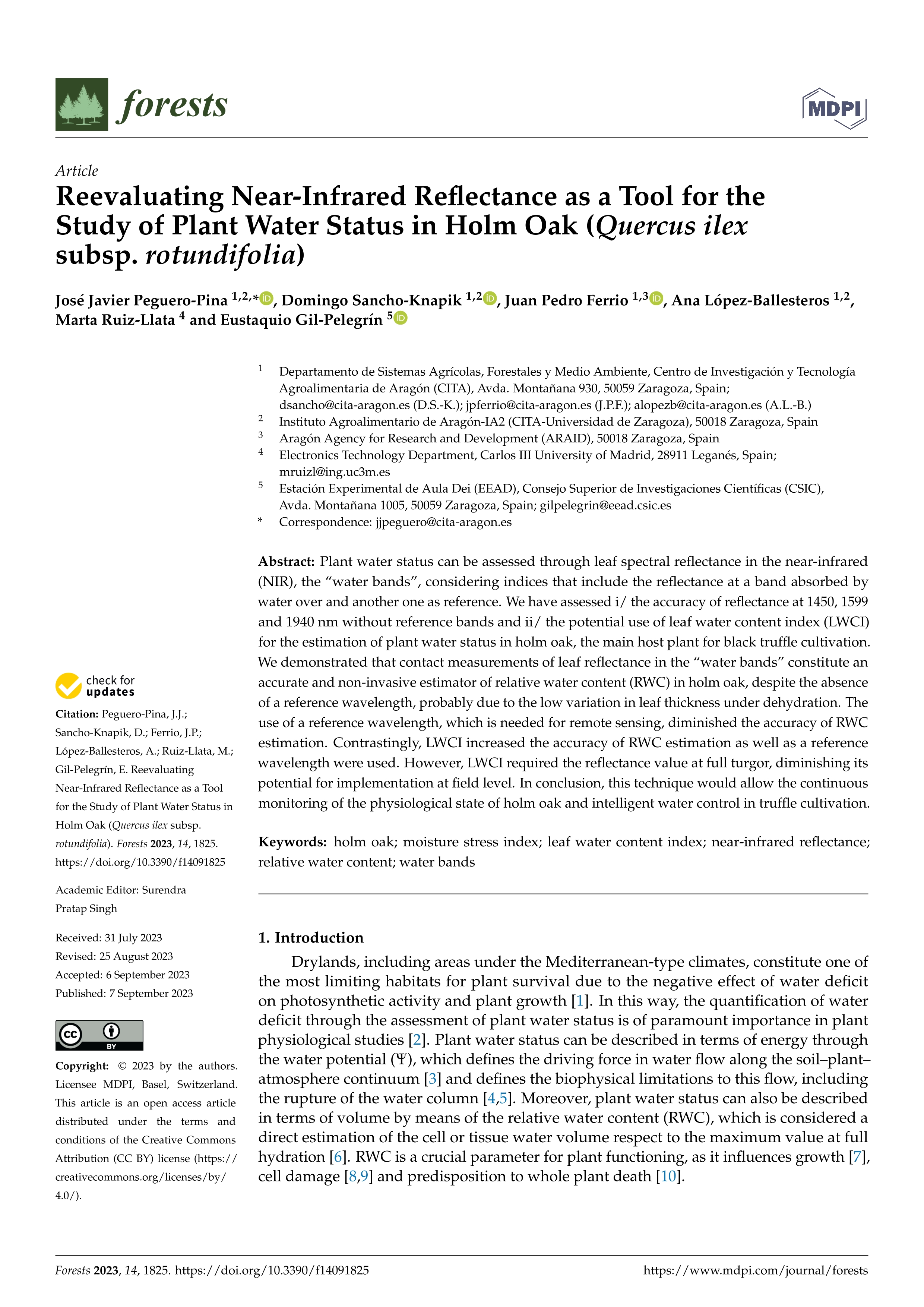 Reevaluating Near-Infrared Reflectance as a Tool for the Study of Plant Water Status in Holm Oak (Quercus ilex subsp. rotundifolia)