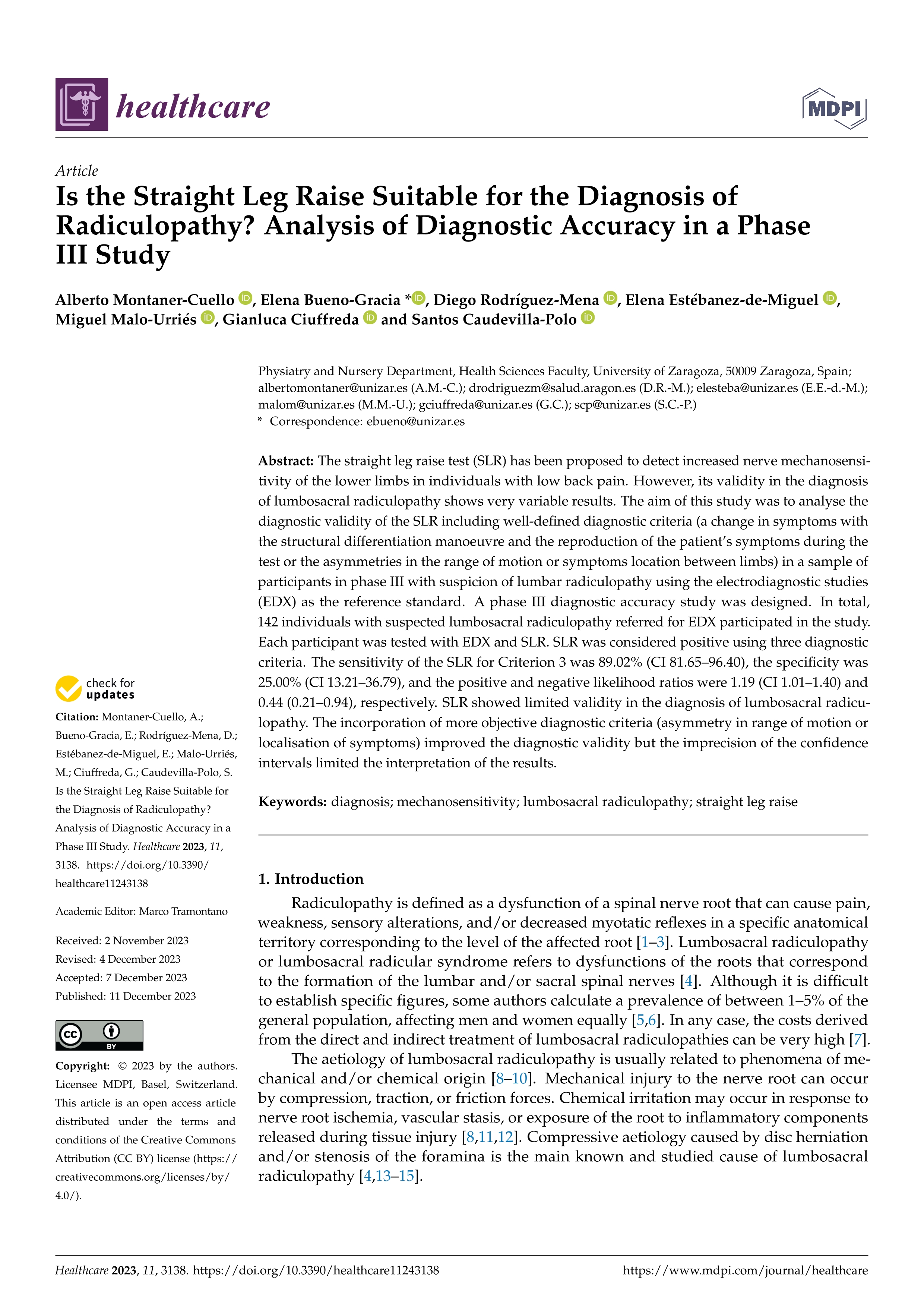 Is the straight leg raise suitable for the diagnosis of radiculopathy? analysis of diagnostic accuracy in a phase iii study