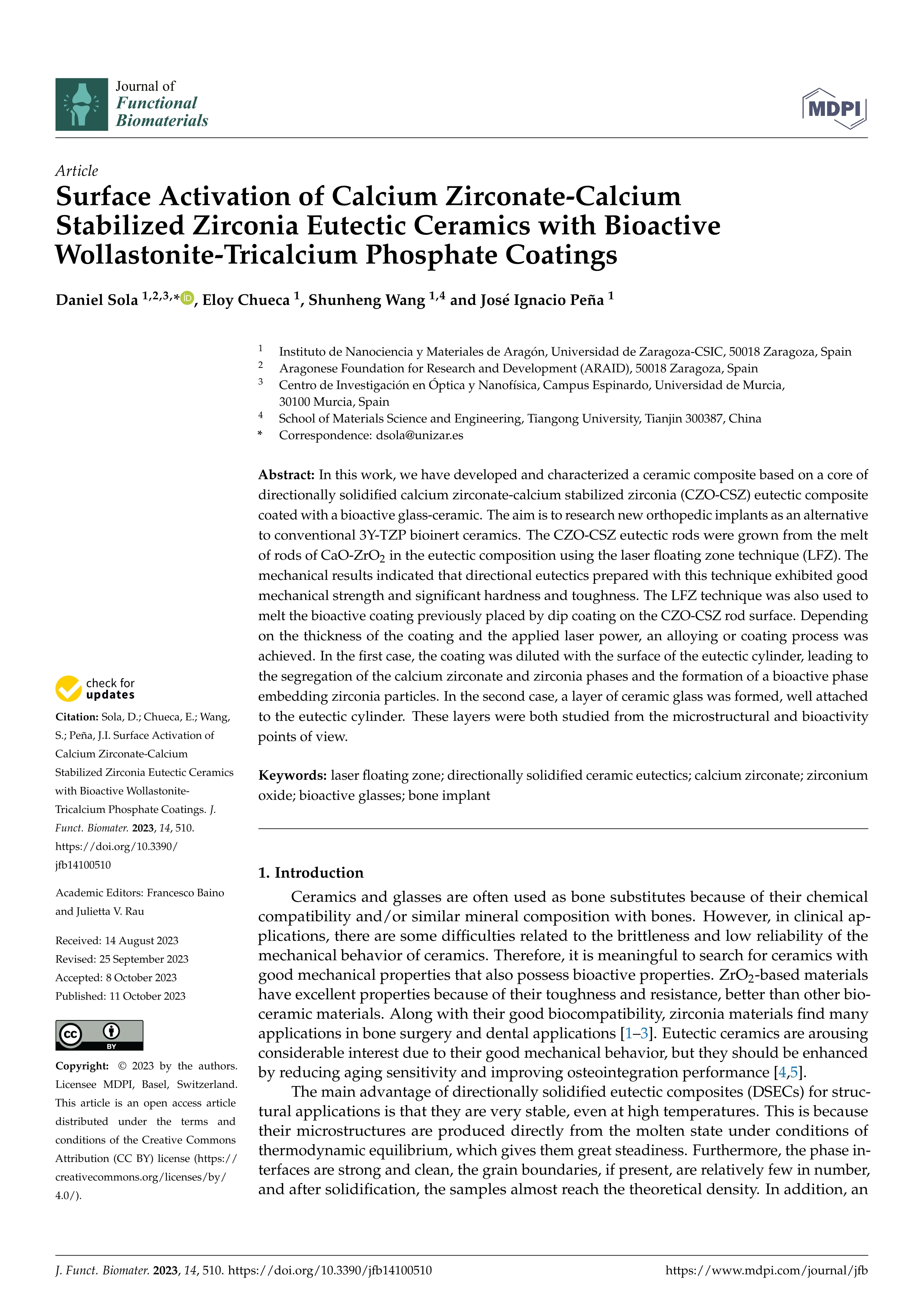 Surface activation of calcium zirconate-calcium stabilized zirconia eutectic ceramics with bioactive wollastonite-tricalcium phosphate coatings