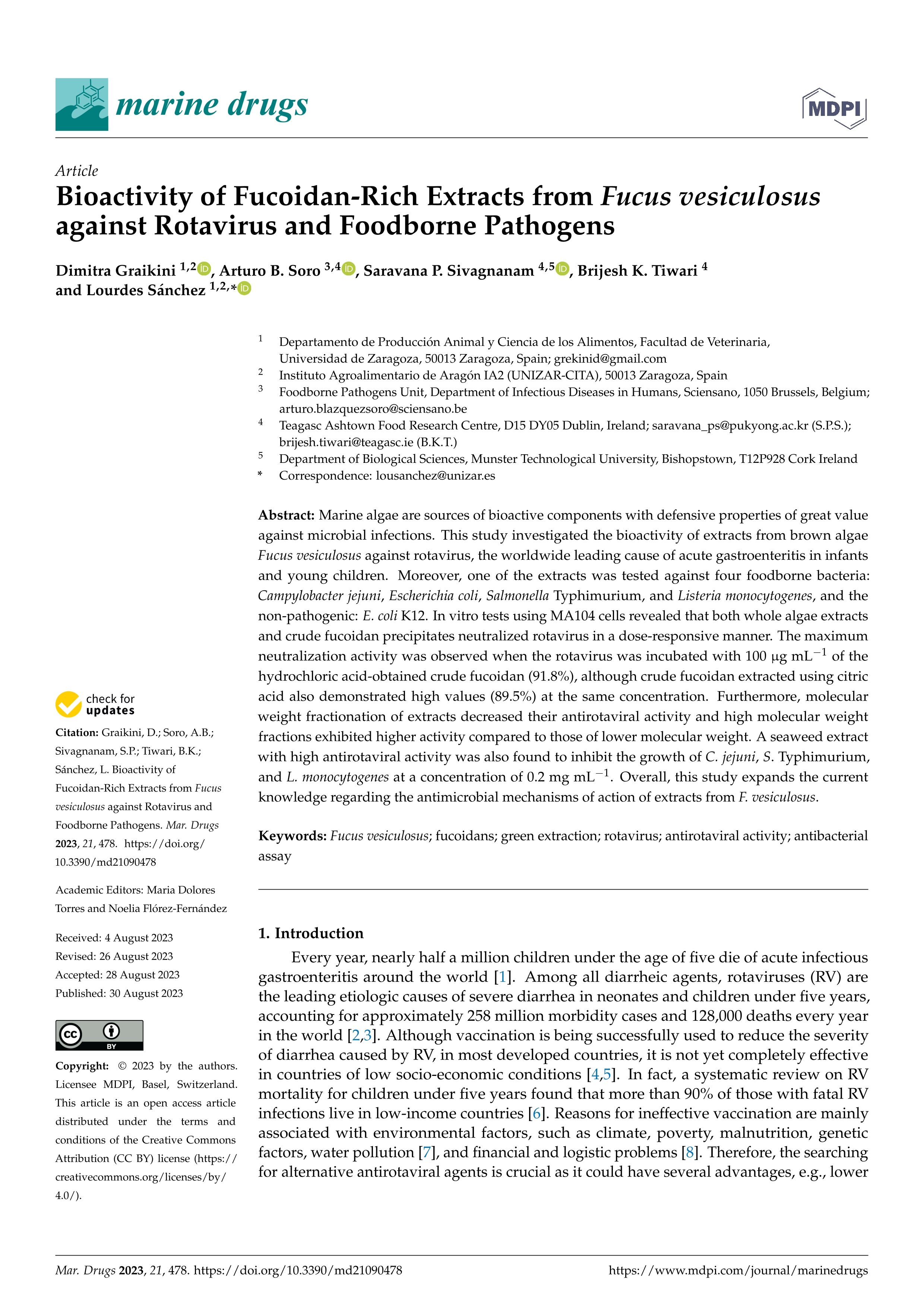 Bioactivity of fucoidan-rich extracts from fucus vesiculosus against rotavirus and foodborne pathogens