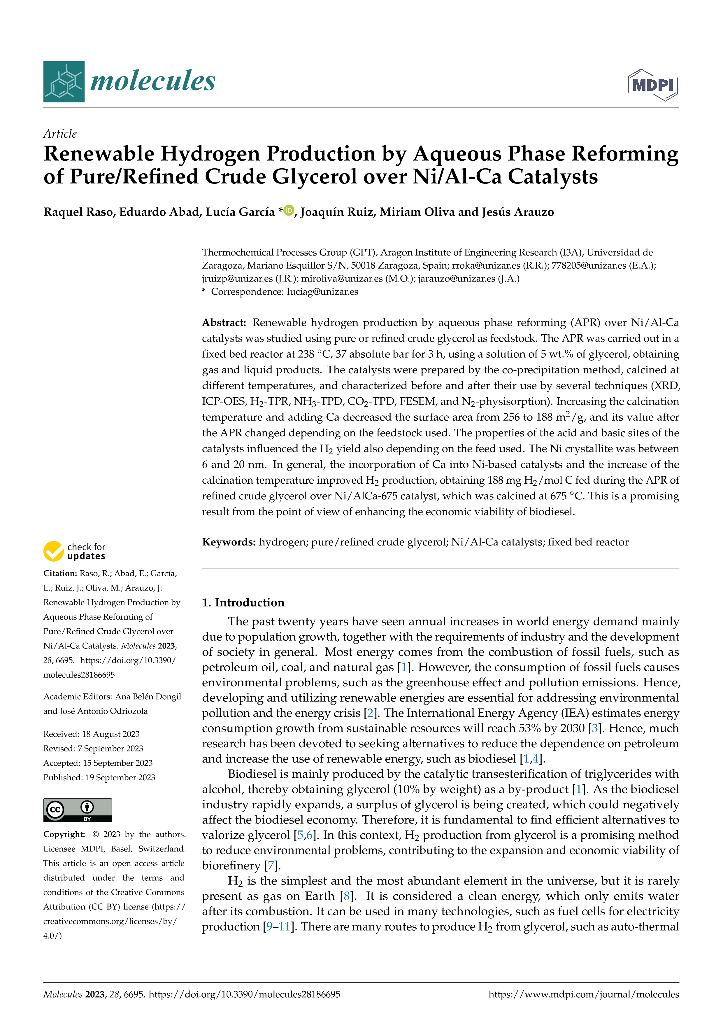 Renewable hydrogen production by aqueous phase reforming of pure/refined crude glycerol over Ni/Al-Ca catalysts