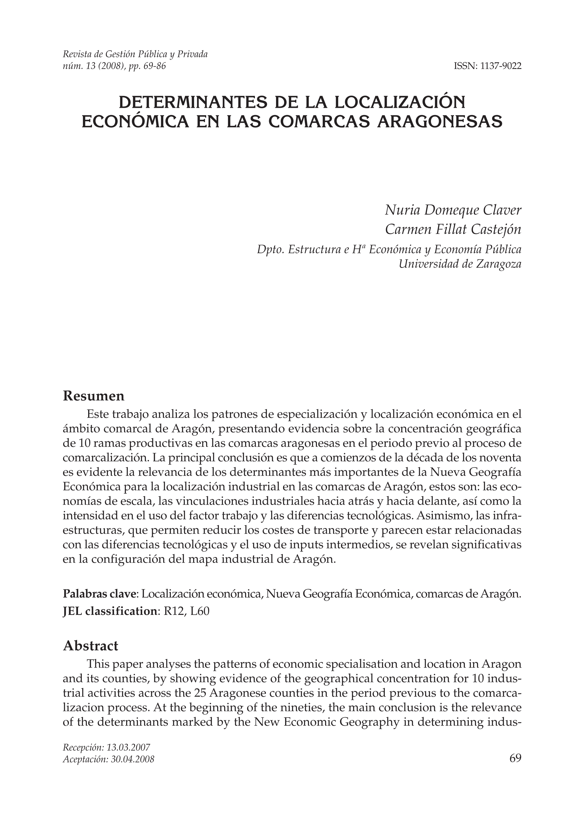 Determinantes de la localizacion economica en las comarcas aragonesas