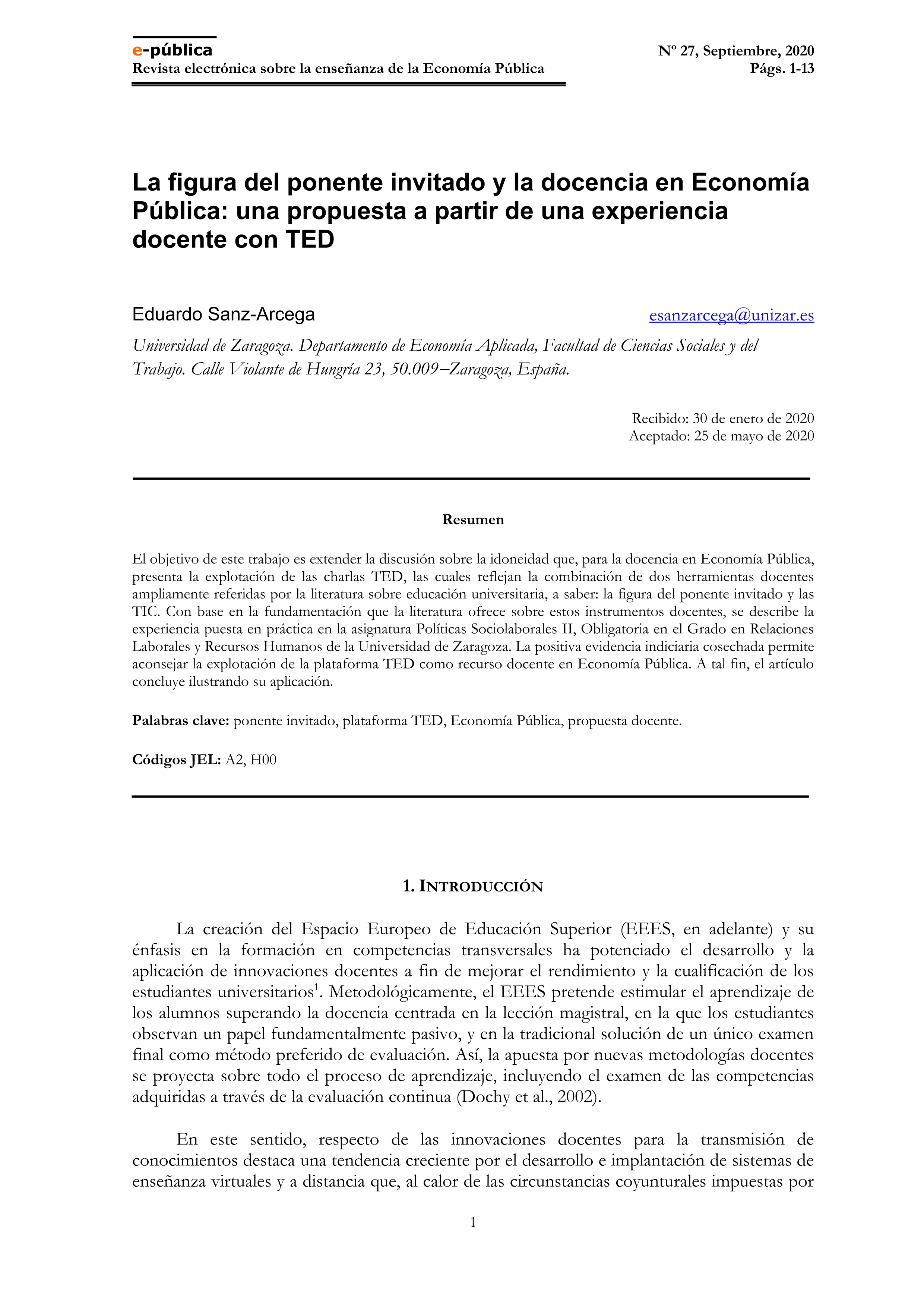 La figura del ponente invitado y la docencia en Economía Pública: una propuesta a partir de una experiencia docente con TED