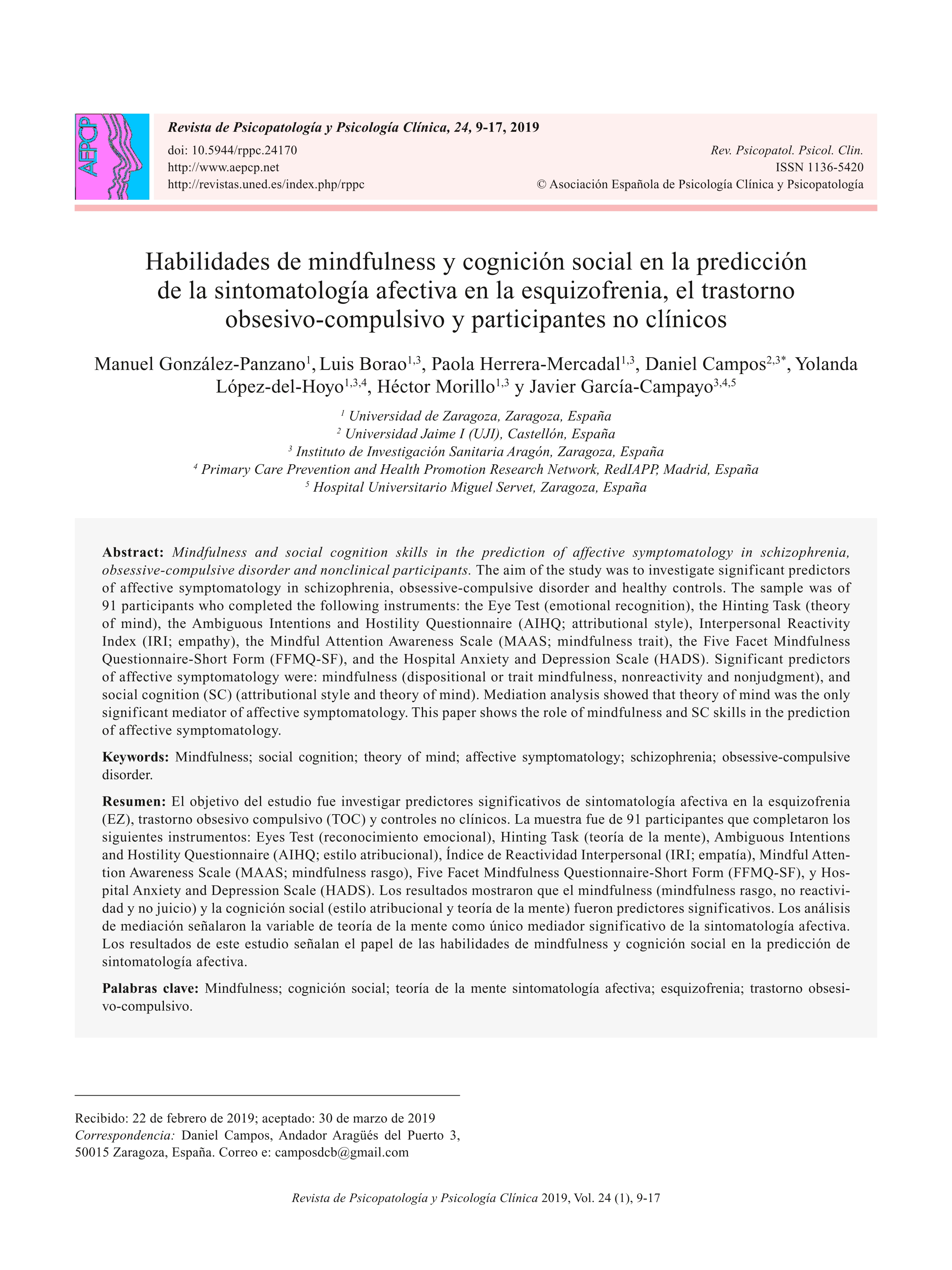 Habilidades de mindfulness y cognición social en la predicción de la sintomatología afectiva en la esquizofrenia, el trastorno obsesivo-compulsivo y controles sanos