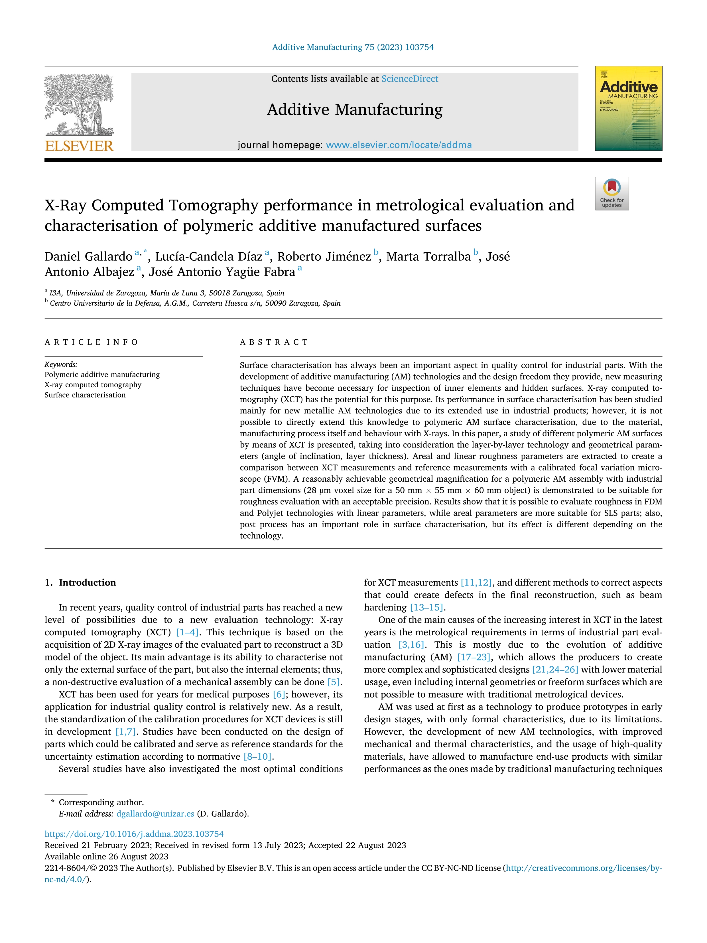 X-ray computed tomography performance in metrological evaluation and characterisation of polymeric additive manufactured surfaces.