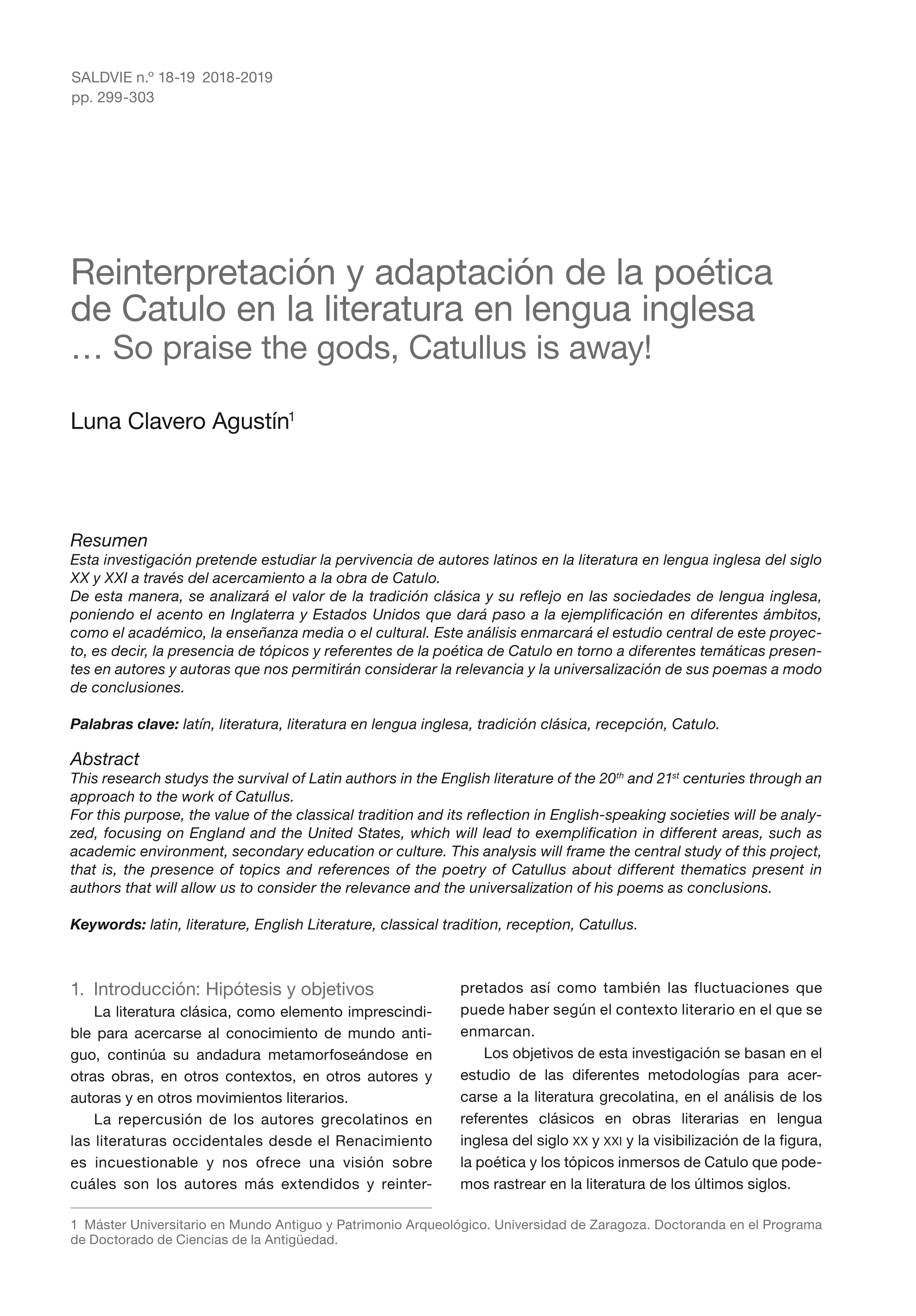 Reinterpretación y adaptación de la poética de Catulo en la literatura en lengua inglesa … So praise the gods, Catullus is away!