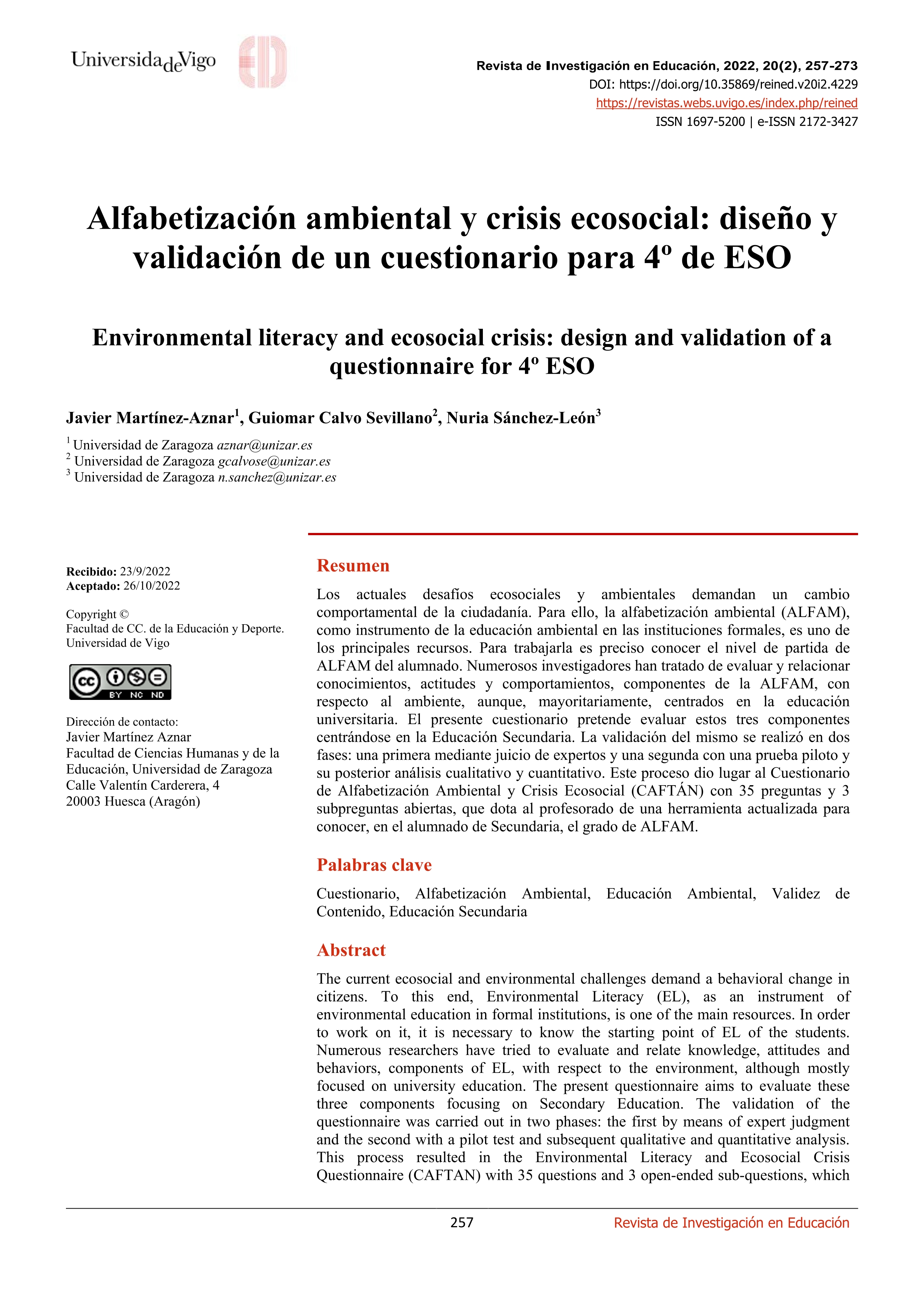 Alfabetización ambiental y crisis ecosocial: diseño y validación de un cuestionario para 4º de ESO