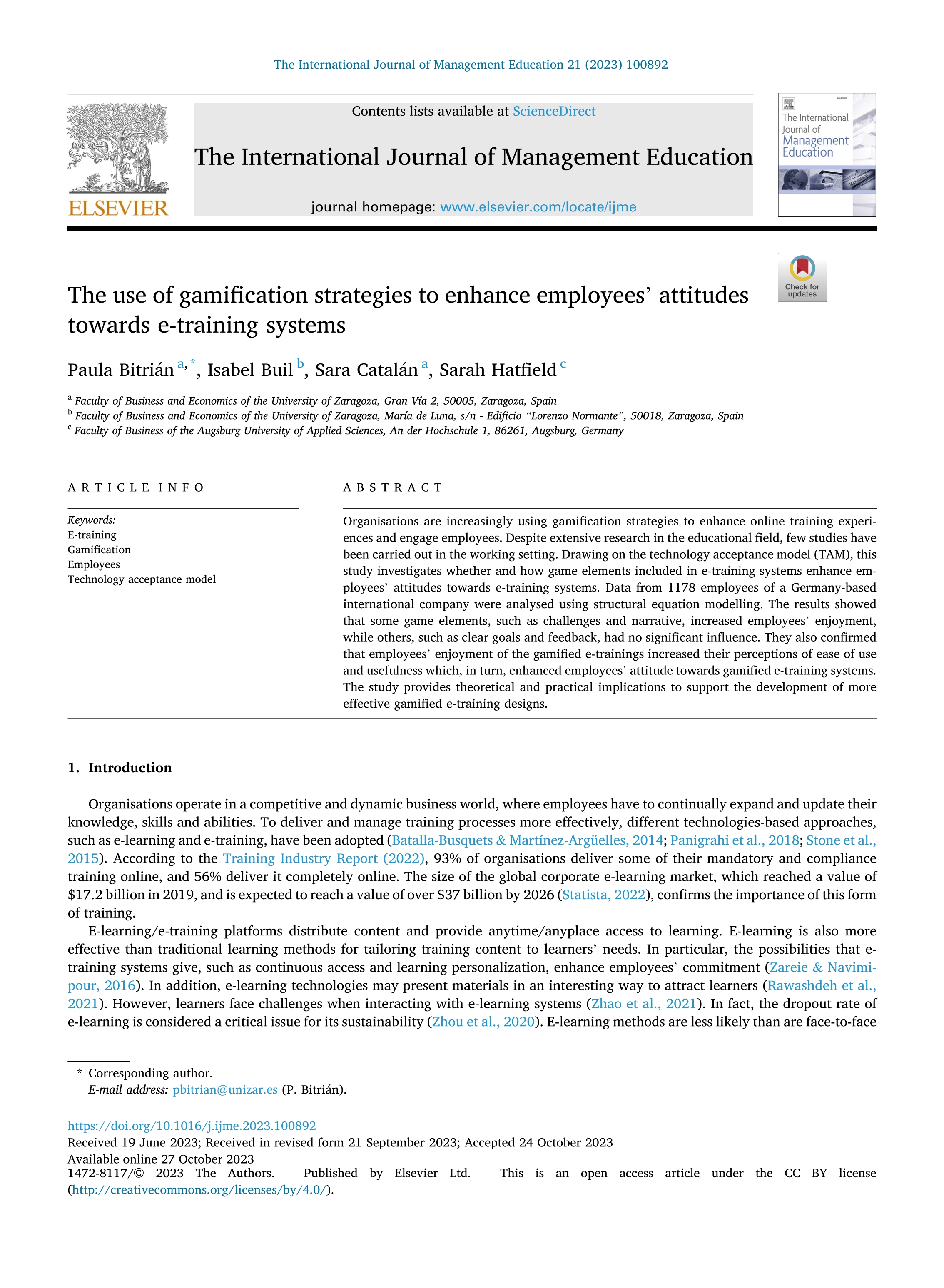 The use of gamification strategies to enhance employees’ attitudes towards e-training systems