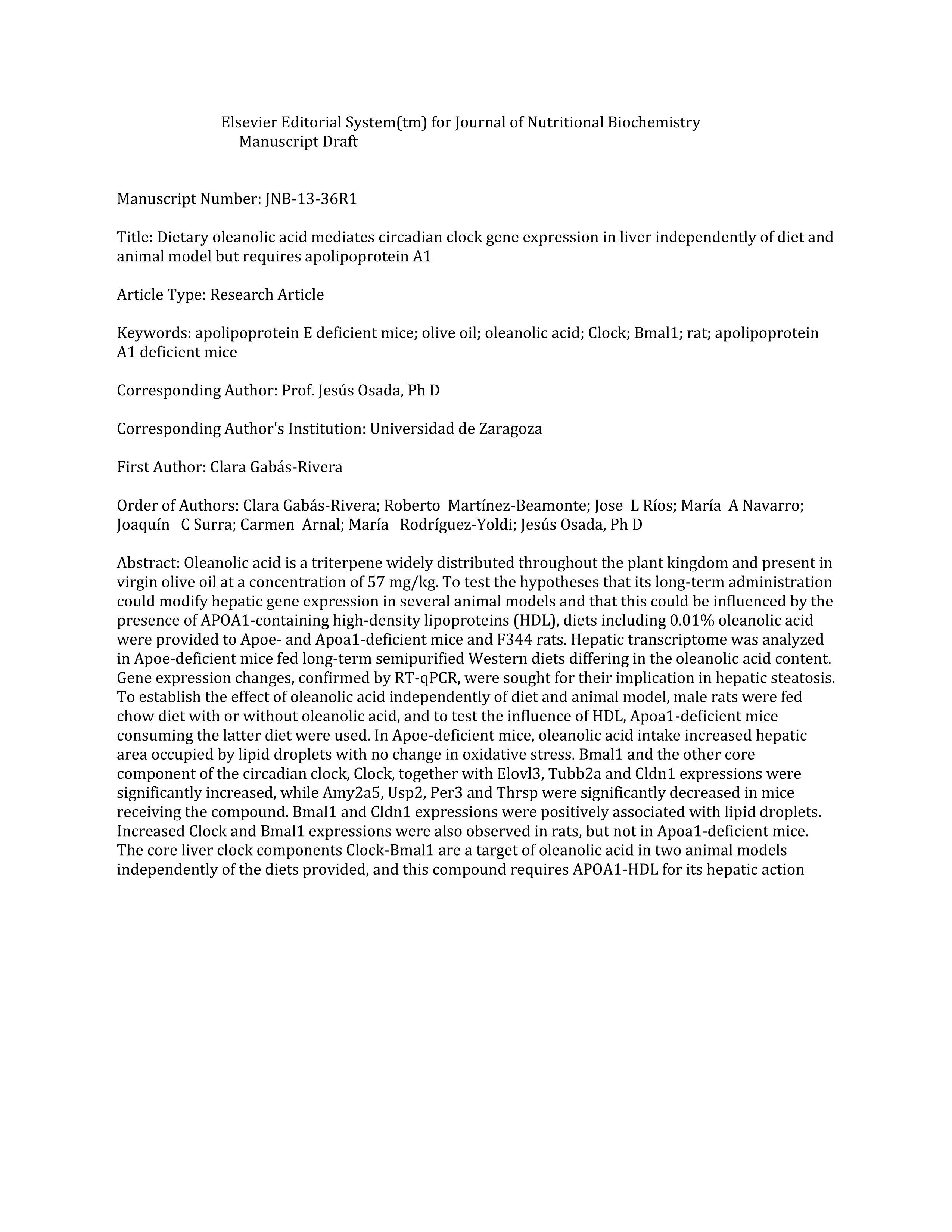 Dietary oleanolic acid mediates circadian clock gene expression in liver independently of diet and animal model but requires apolipoprotein A1