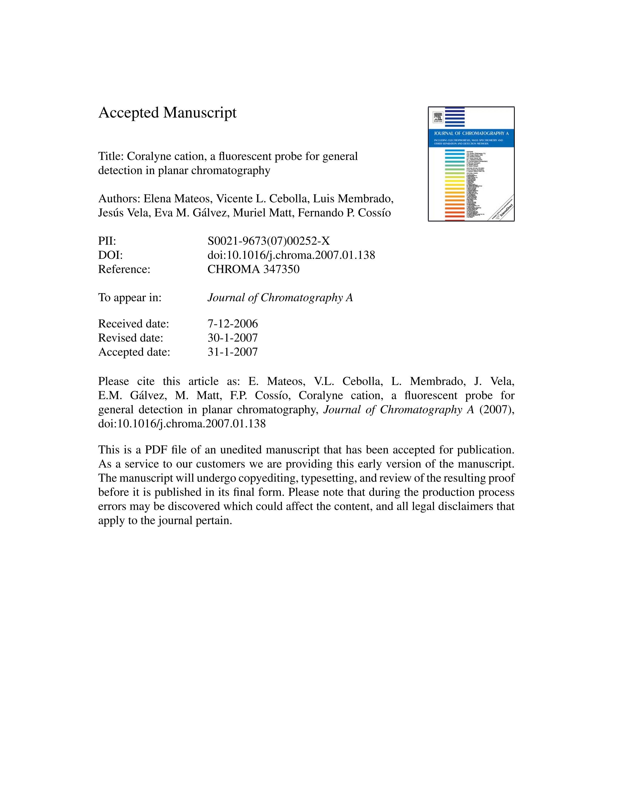 Coralyne Cation, a Fluorescent Probe for General Detection in Planar Chromatography