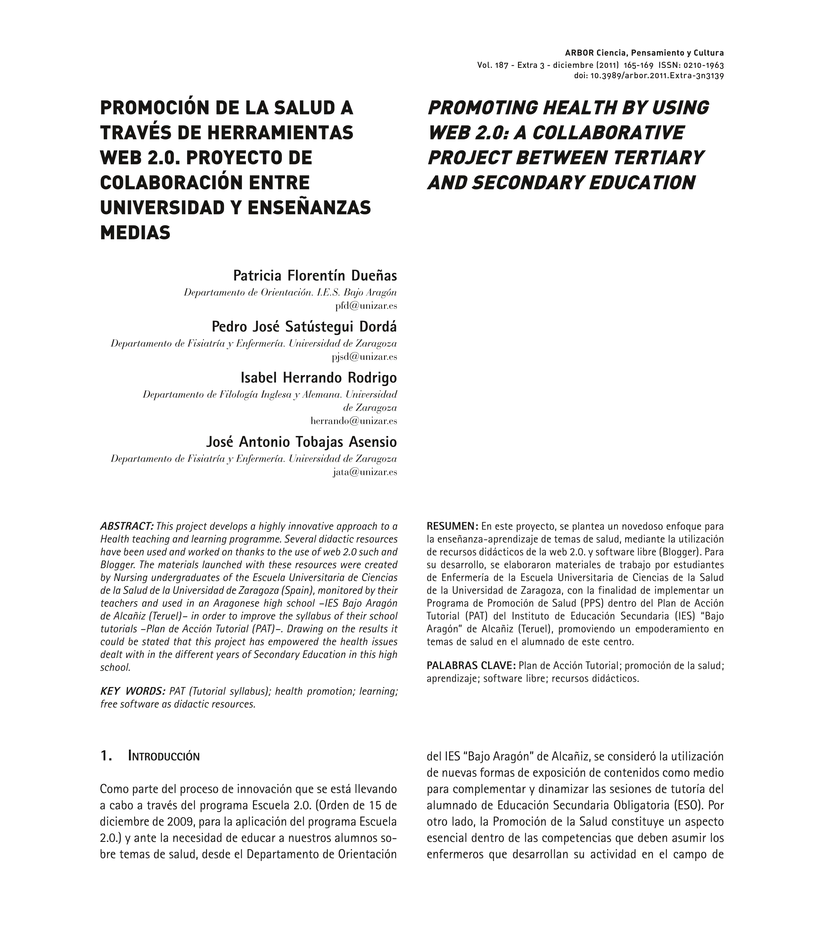 Promoción de la salud a través de herramientas web 2.0. proyecto de colaboración entre universidad y enseñanzas medias