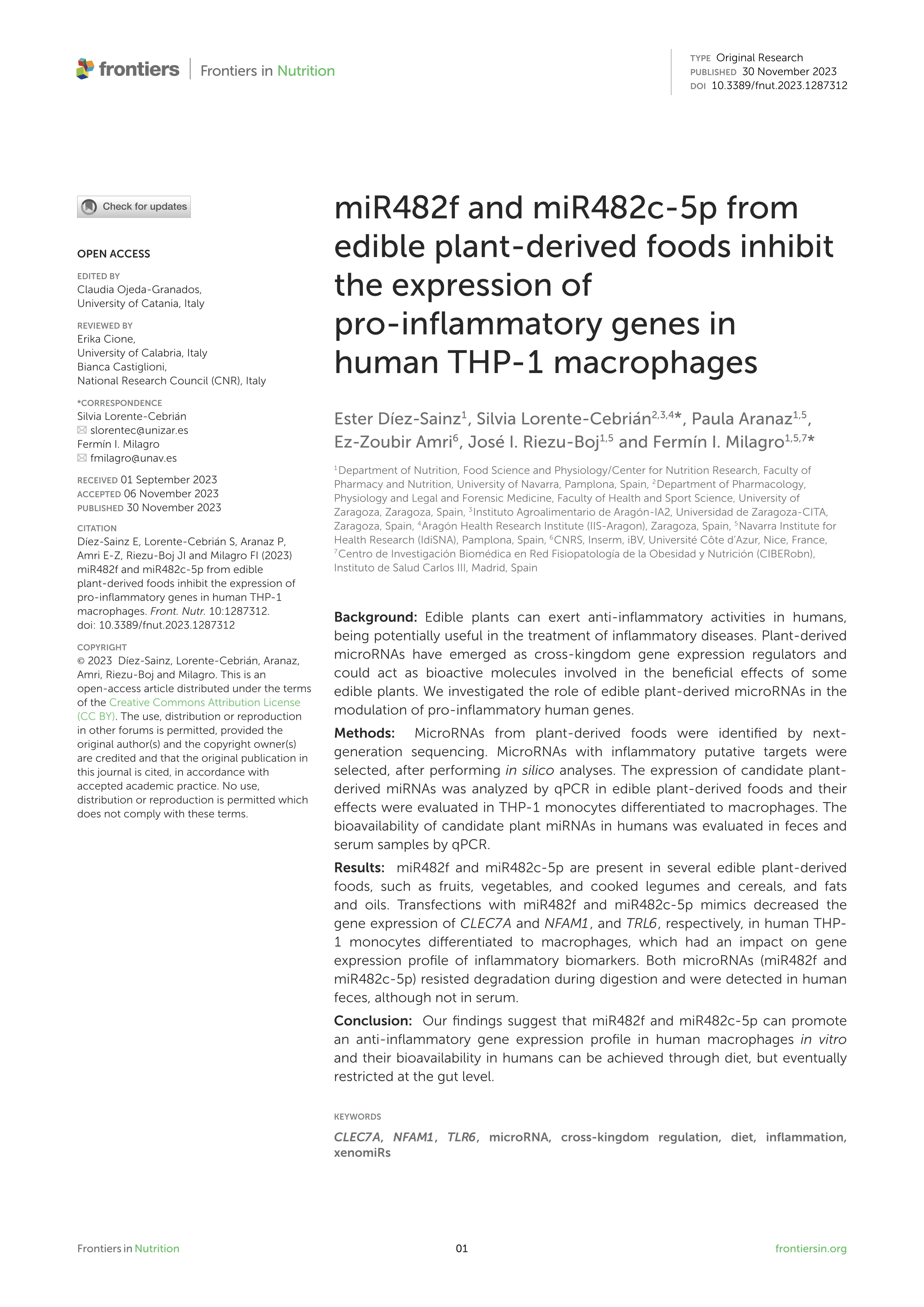 miR482f and miR482c-5p from edible plant-derived foods inhibit the expression of pro-inflammatory genes in human THP-1 macrophages