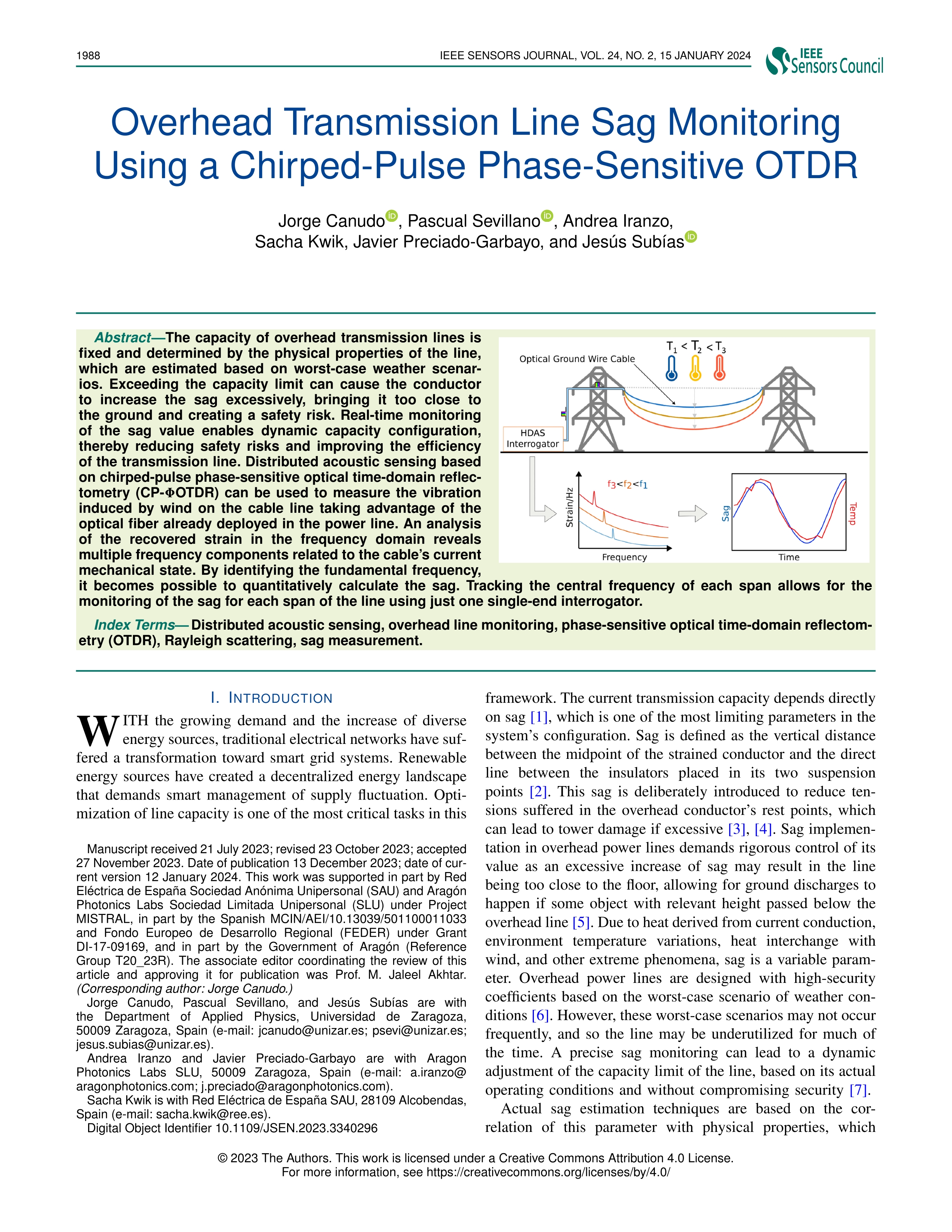 Overhead transmission line sag monitoring using a chirped-pulse phase-sensitive OTDR
