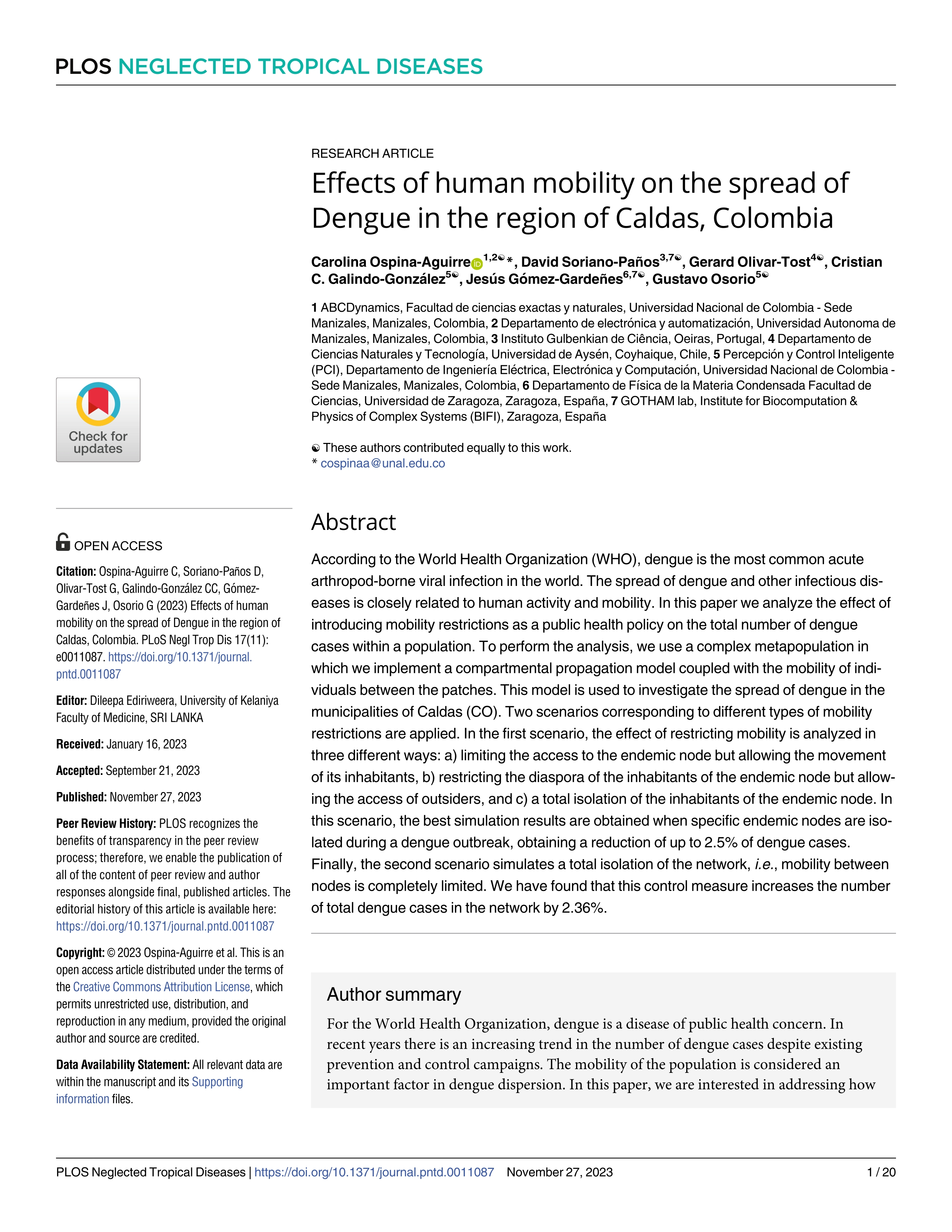 Effects of human mobility on the spread of Dengue in the region of Caldas, Colombia