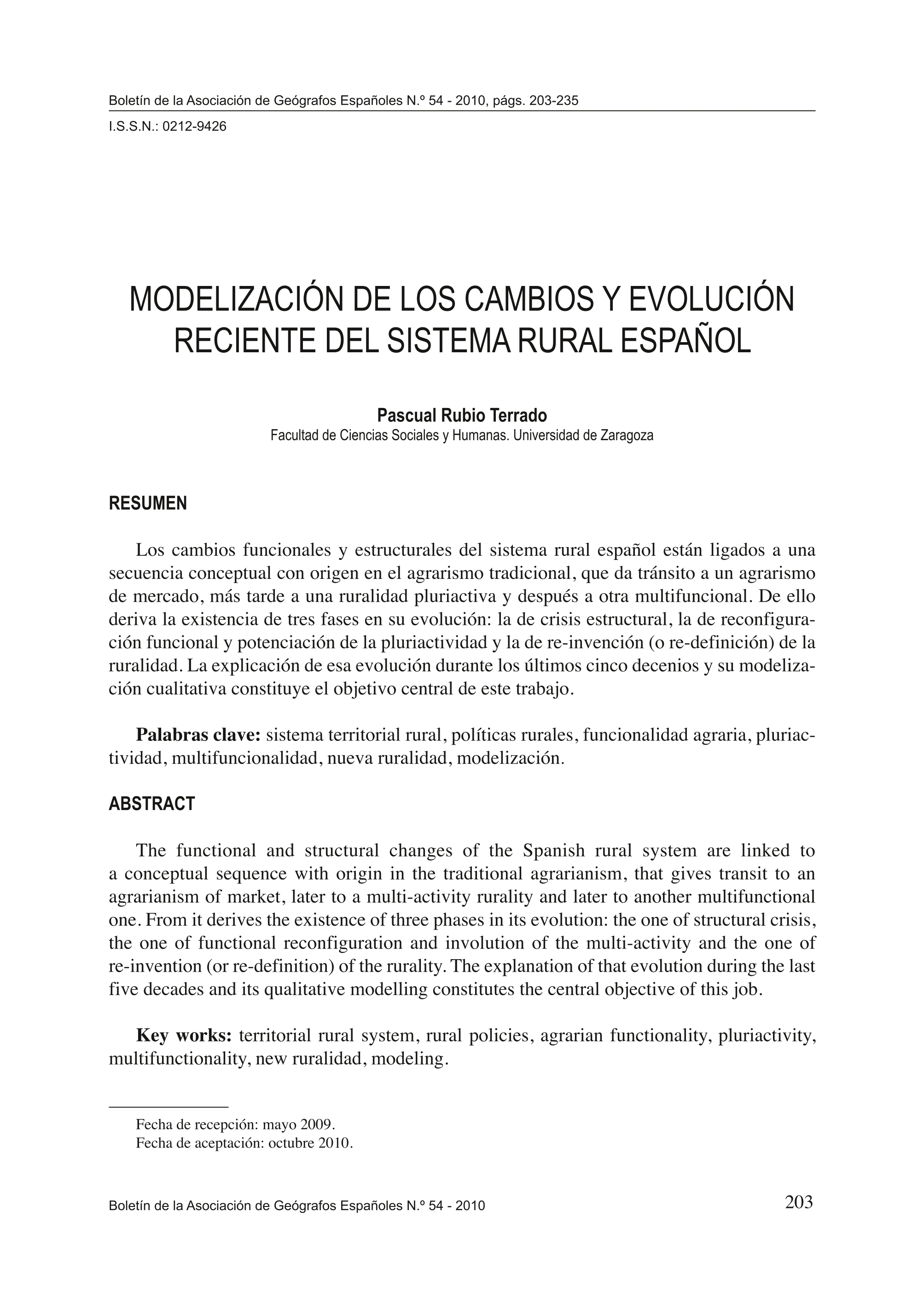 Modelización de los cambios y evolución reciente del sistema rural español
