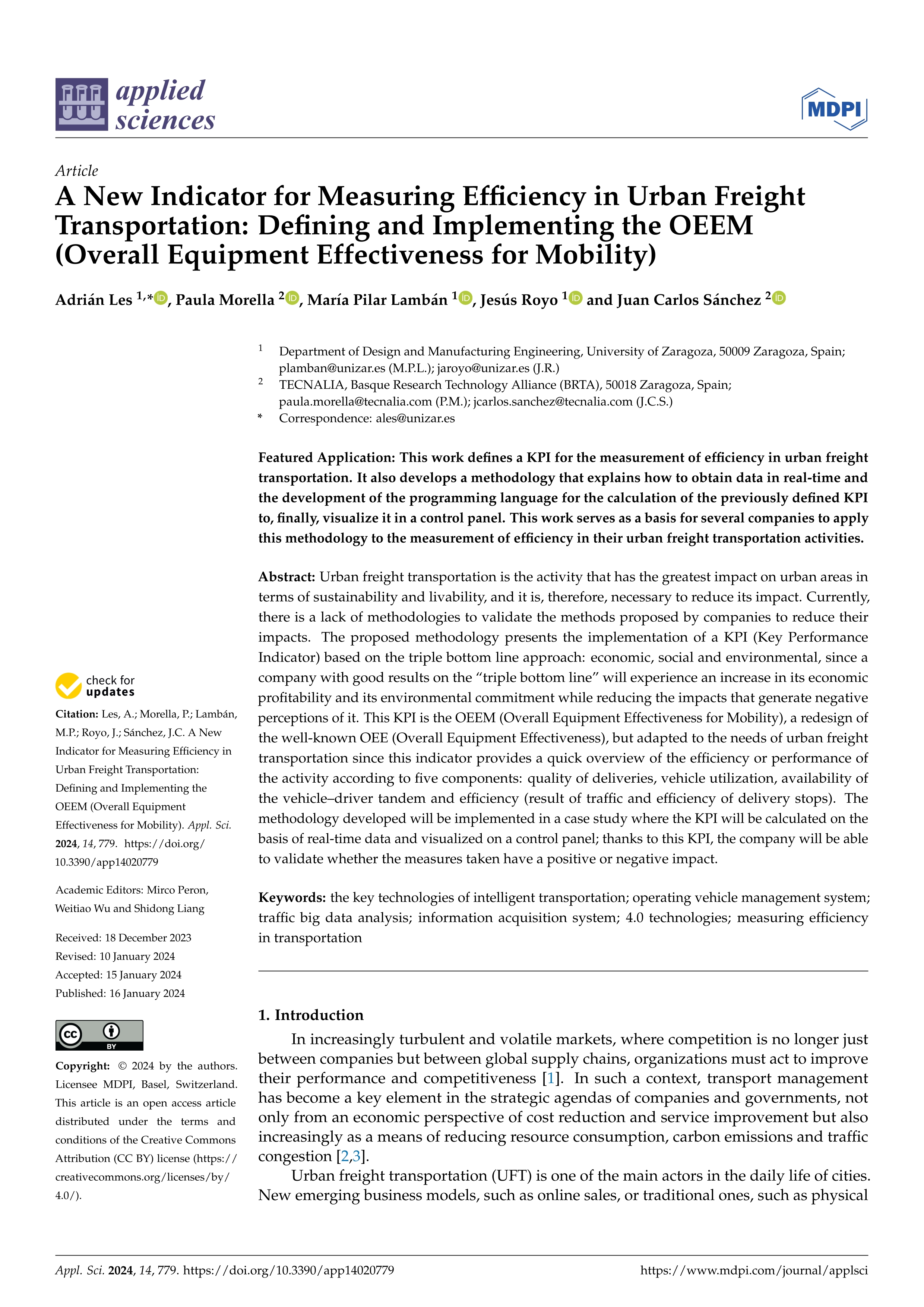 A new indicator for measuring efficiency in urban freight transportation: defining and implementing the OEEM (Overall Equipment Effectiveness for Mobility)