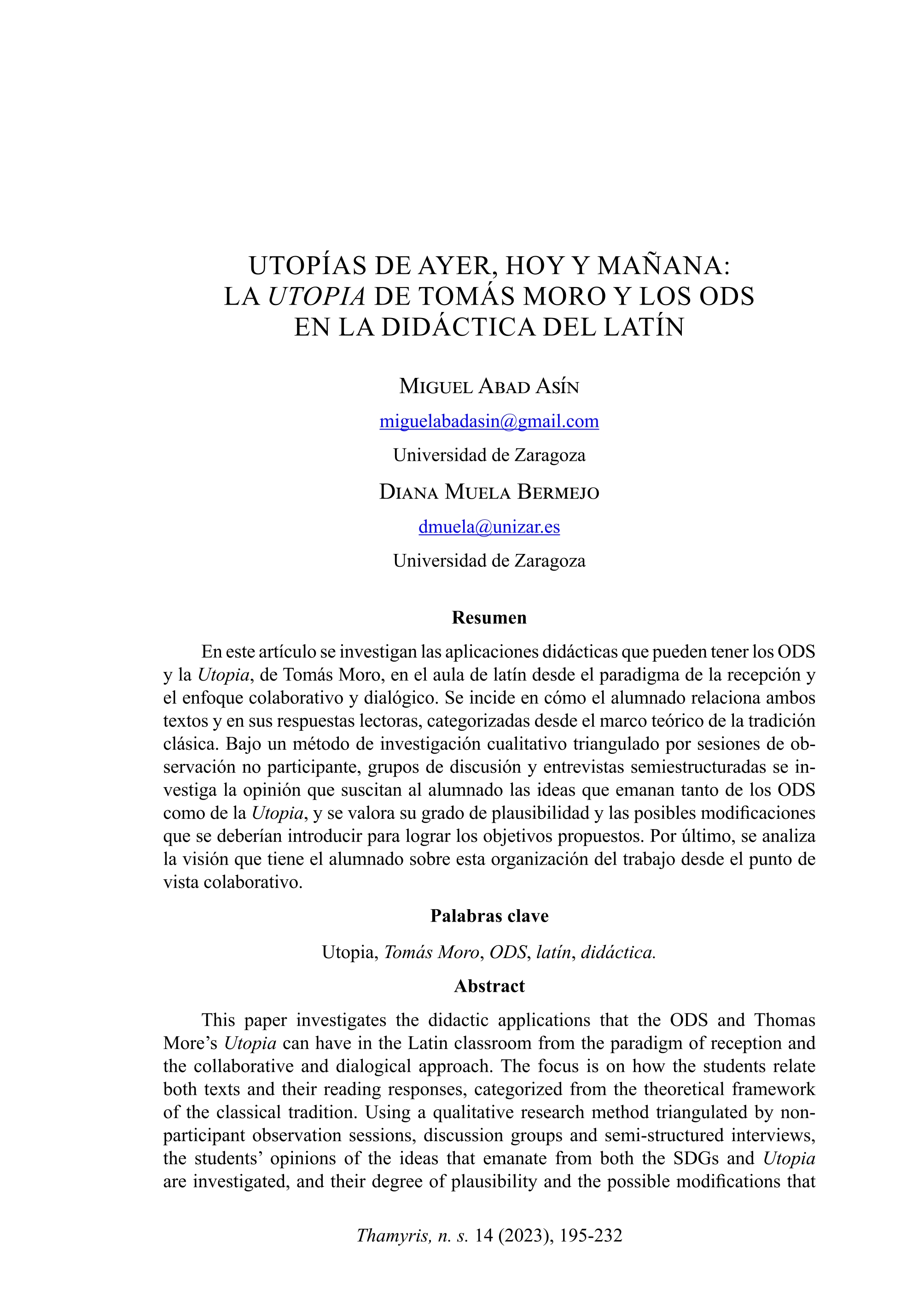 Utopías de ayer, hoy y mañana: la topía de Tomás Moro y los ods en la didáctica del latín