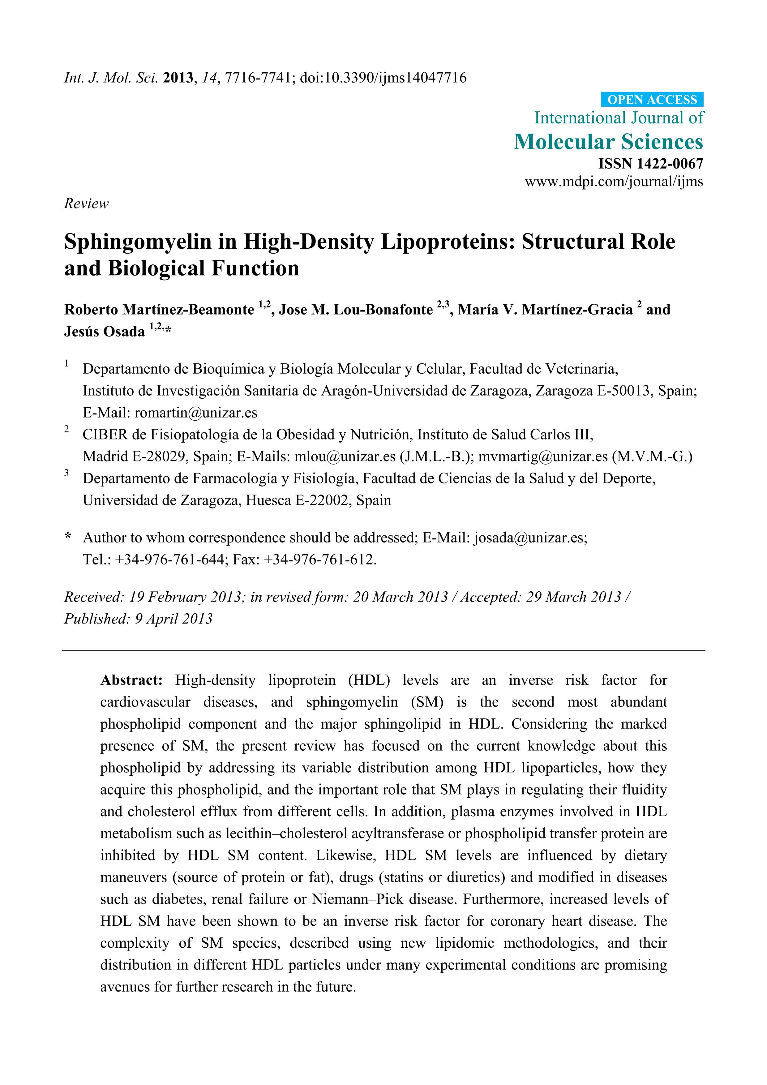Sphingomyelin in High-Density Lipoproteins: Structural Role and Biological Function