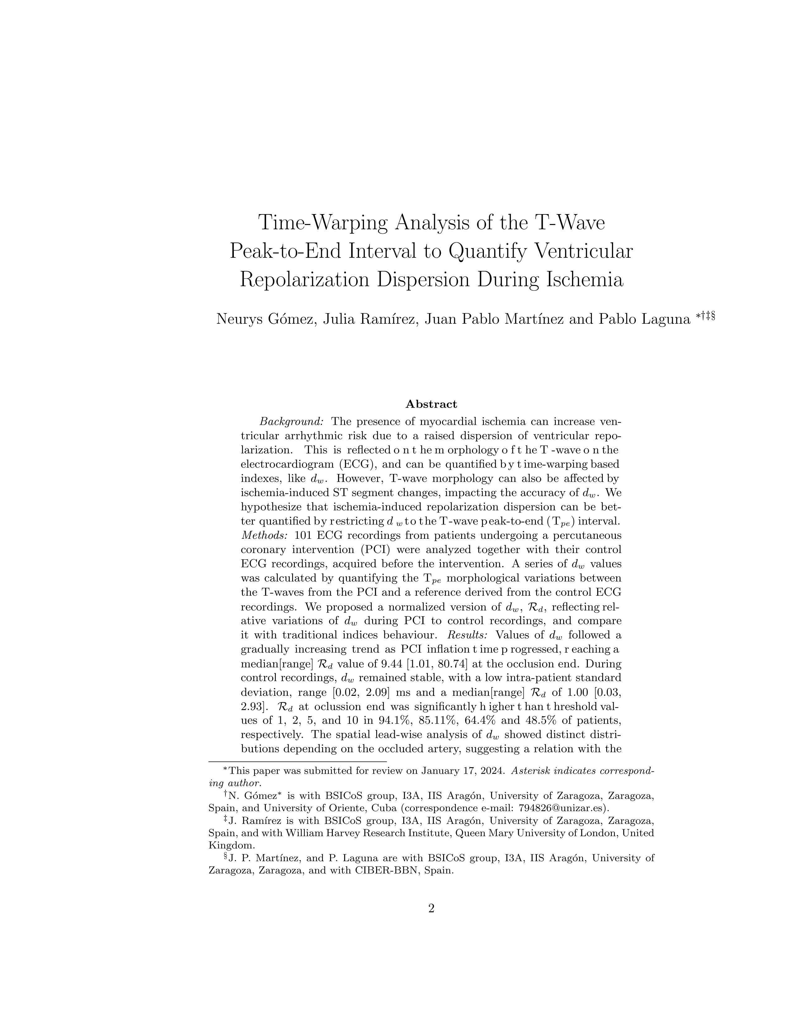 Time-warping analysis of the T-wave peak-to-end Interval to quantify ventricular repolarization dispersion during ischemia