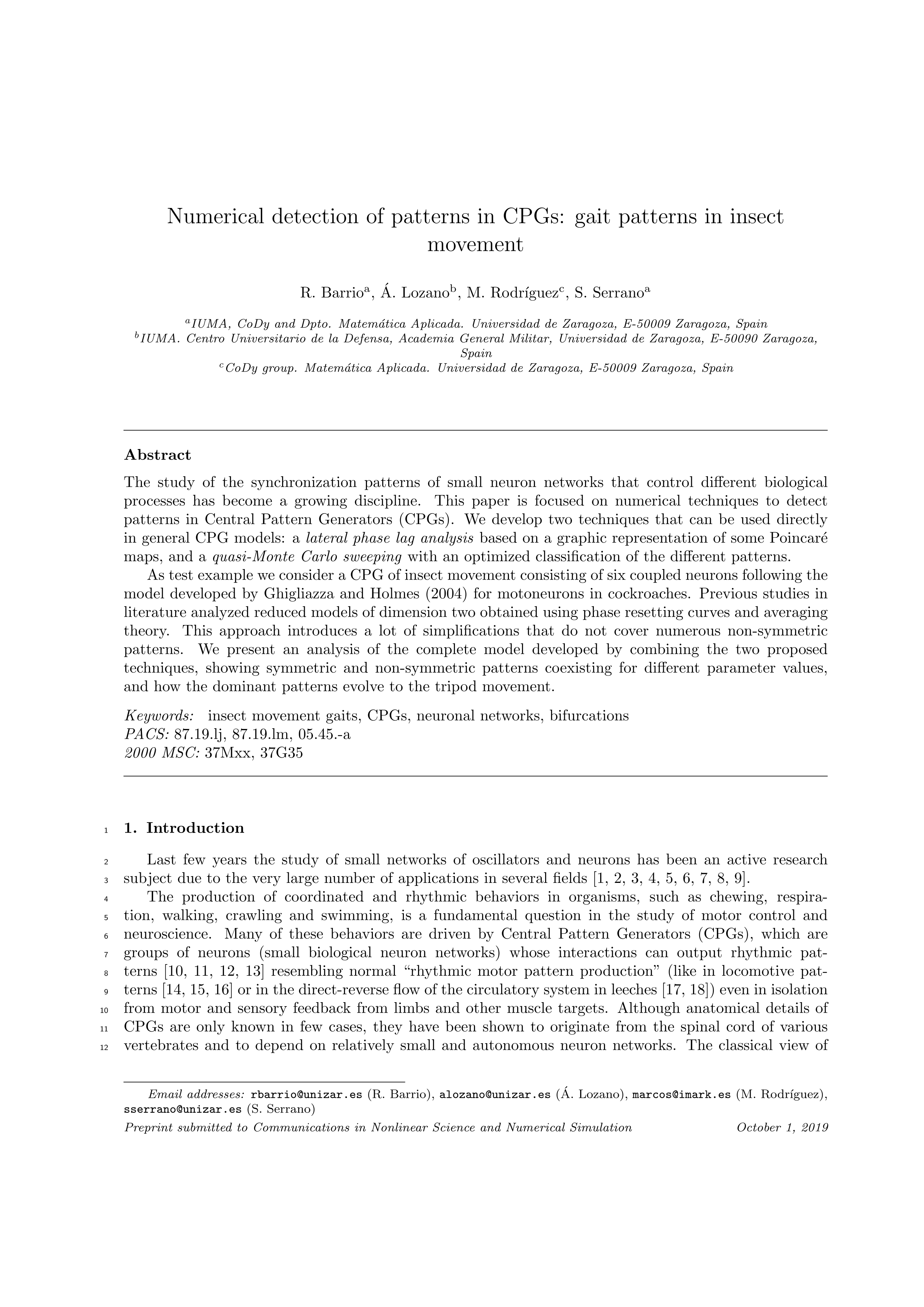 Numerical detection of patterns in CPGs: Gait patterns in insect movement