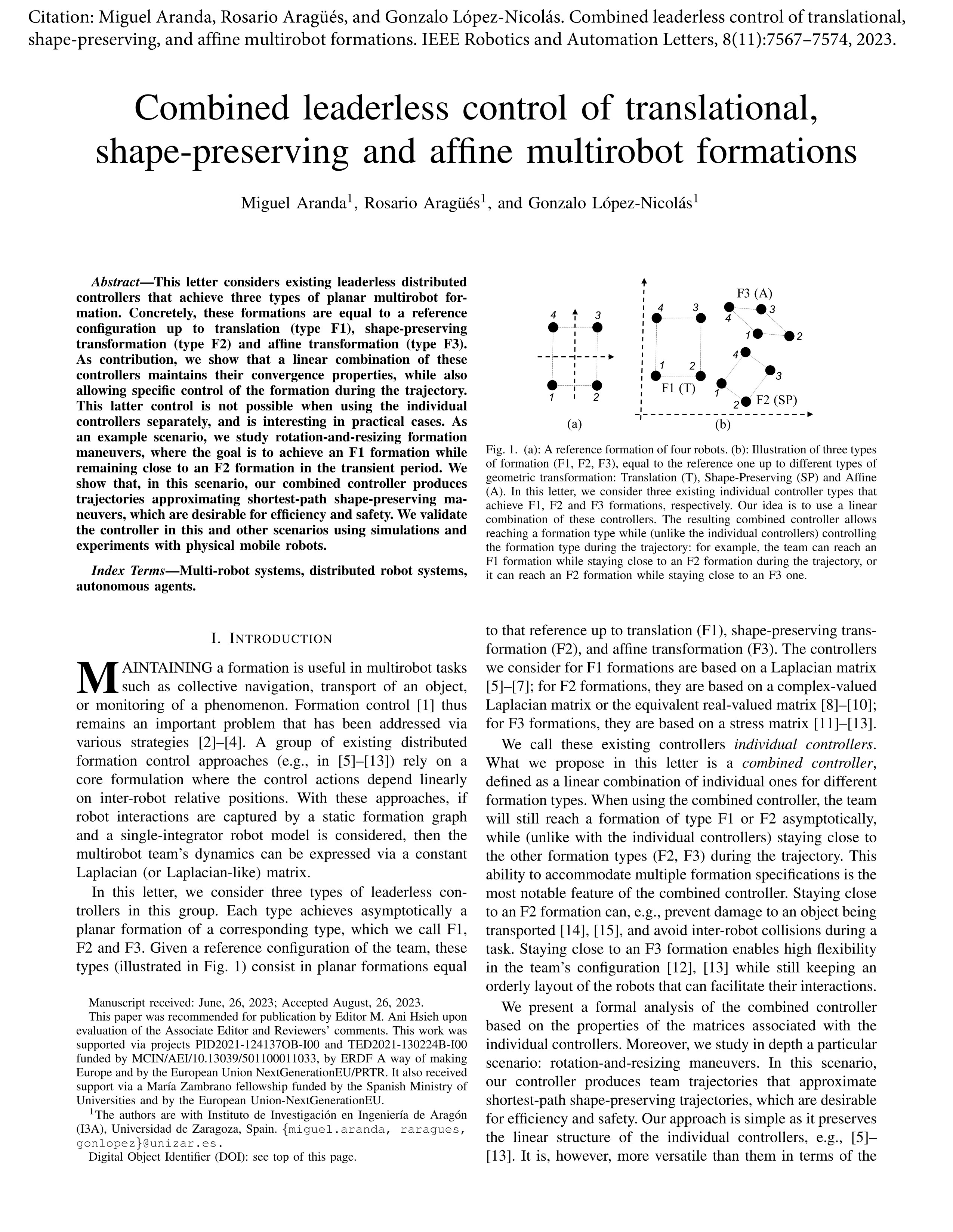 Combined leaderless control of translational, shape-preserving, and affine multirobot formations