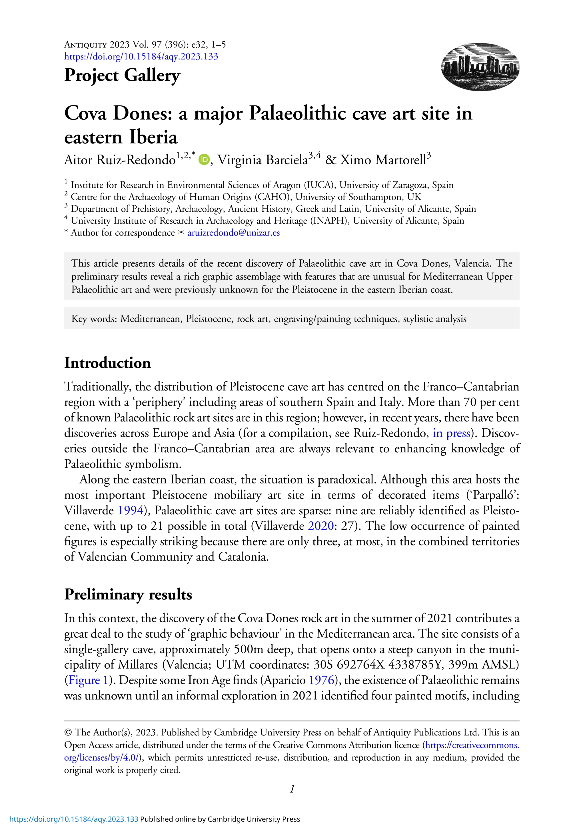 Cova Dones: a major Palaeolithic cave art site in eastern Iberia