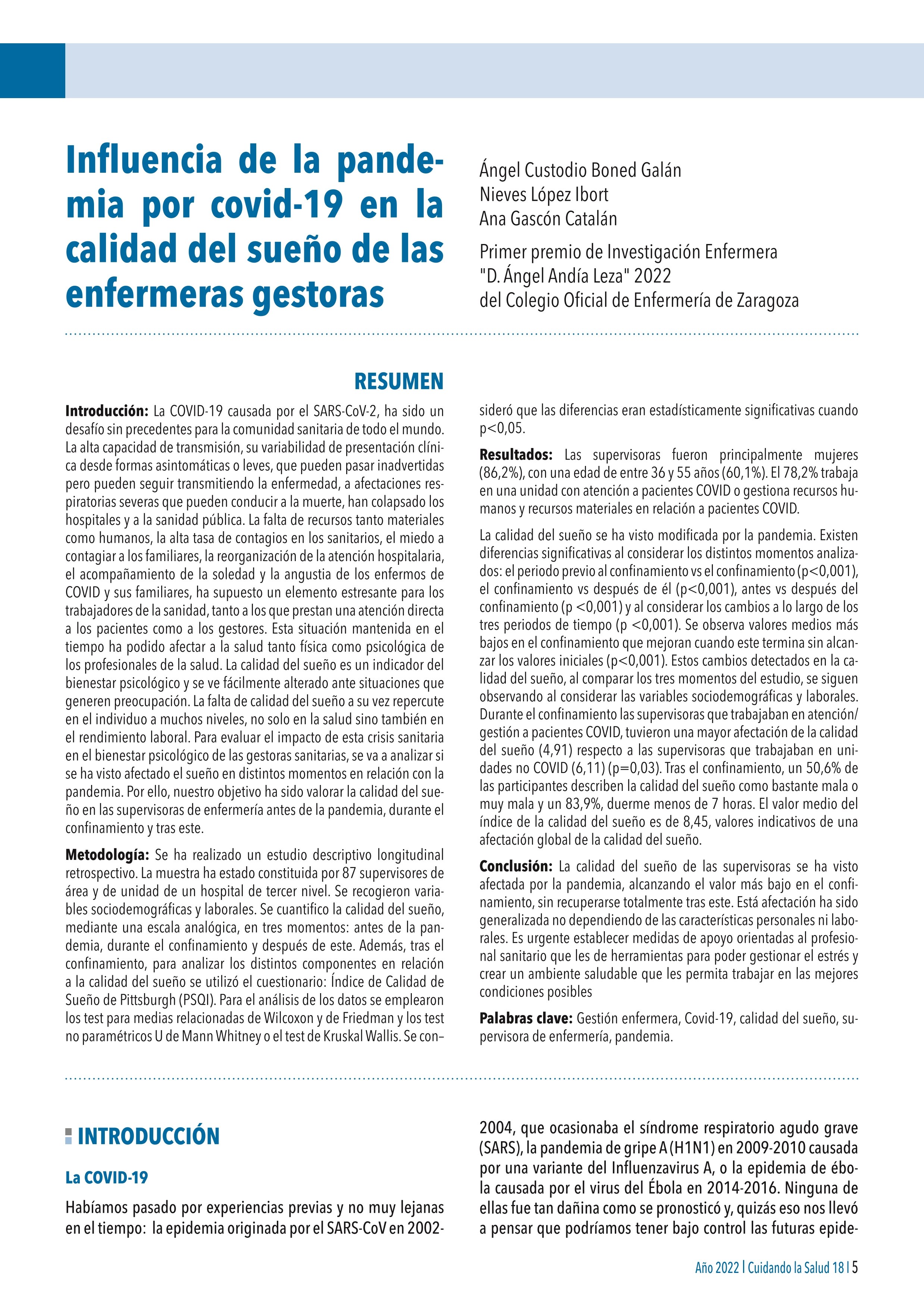 Influencia de la pandemia por covid-19 en la calidad del sueño de las enfermeras gestoras