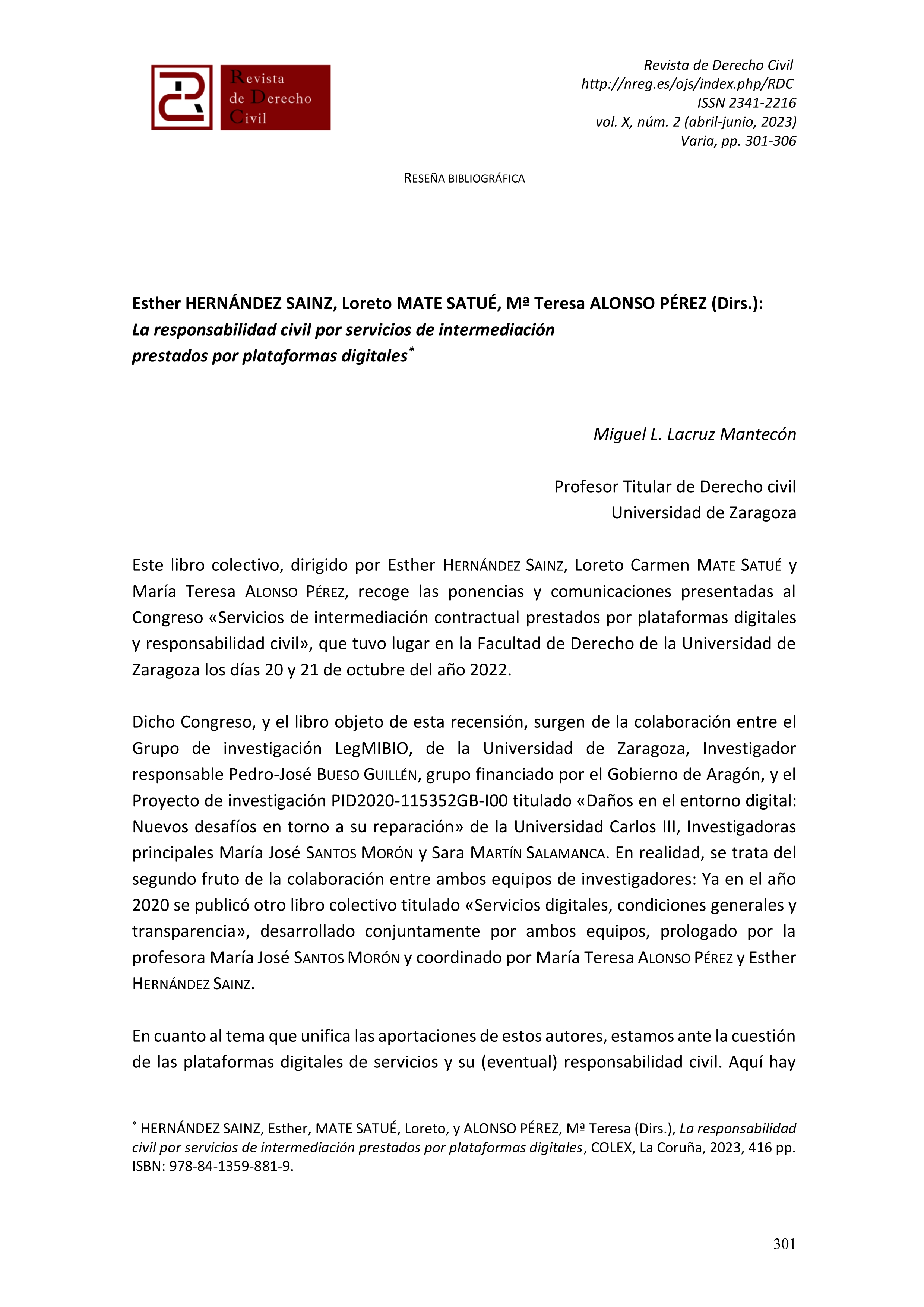 Recensión del libro La Responsabilidad Civil por servicios de intermediación prestados por plataformas digitales