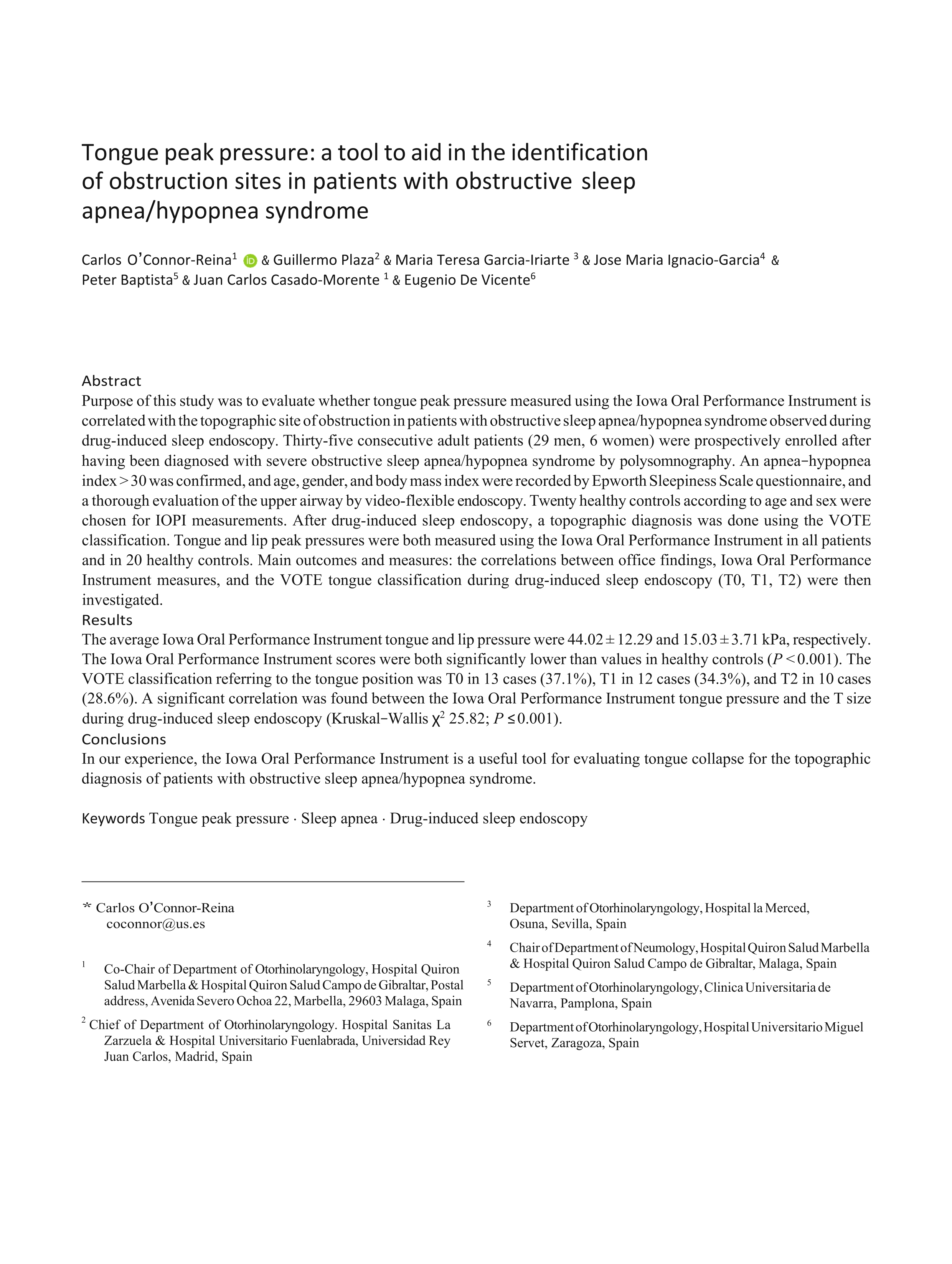 Tongue peak pressure: a tool to aid in the identification of obstruction sites in patients with obstructive sleep apnea/hypopnea syndrome