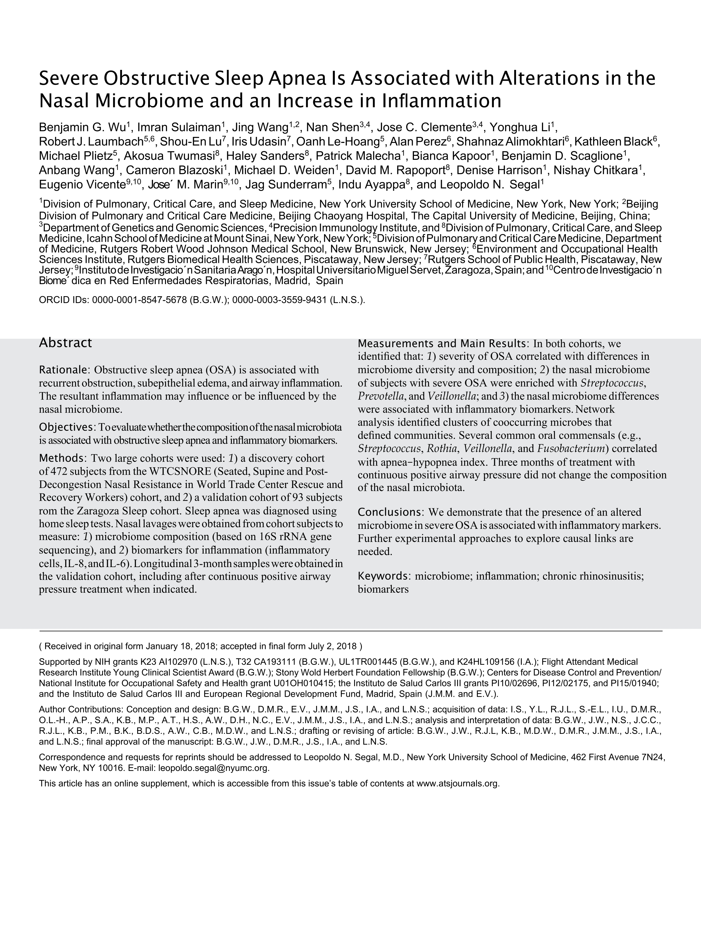 Severe obstructive sleep apnea is associated with alterations in the nasal microbiome and an increase in inflammation