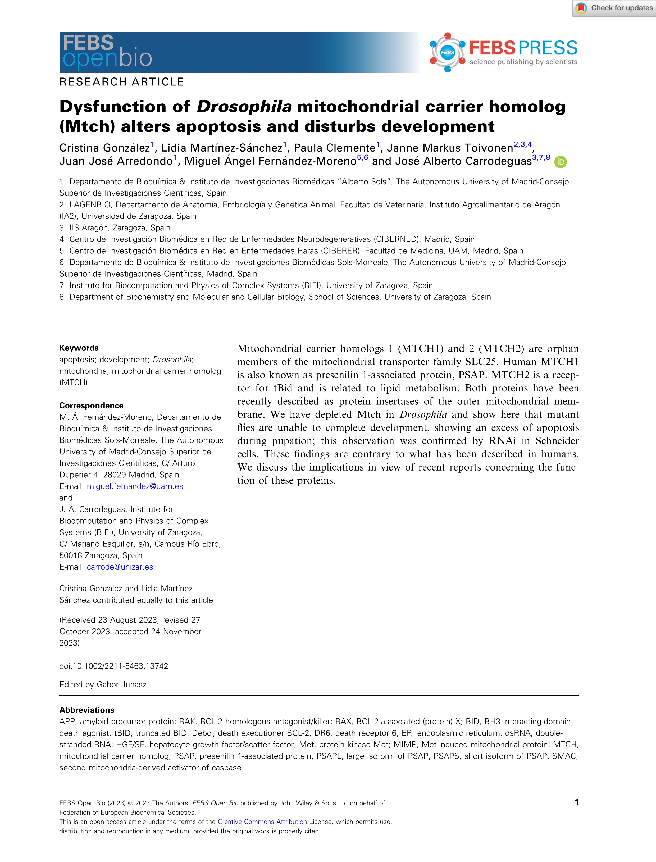 Dysfunction of Drosophila mitochondrial carrier homolog (Mtch) alters apoptosis and disturbs development