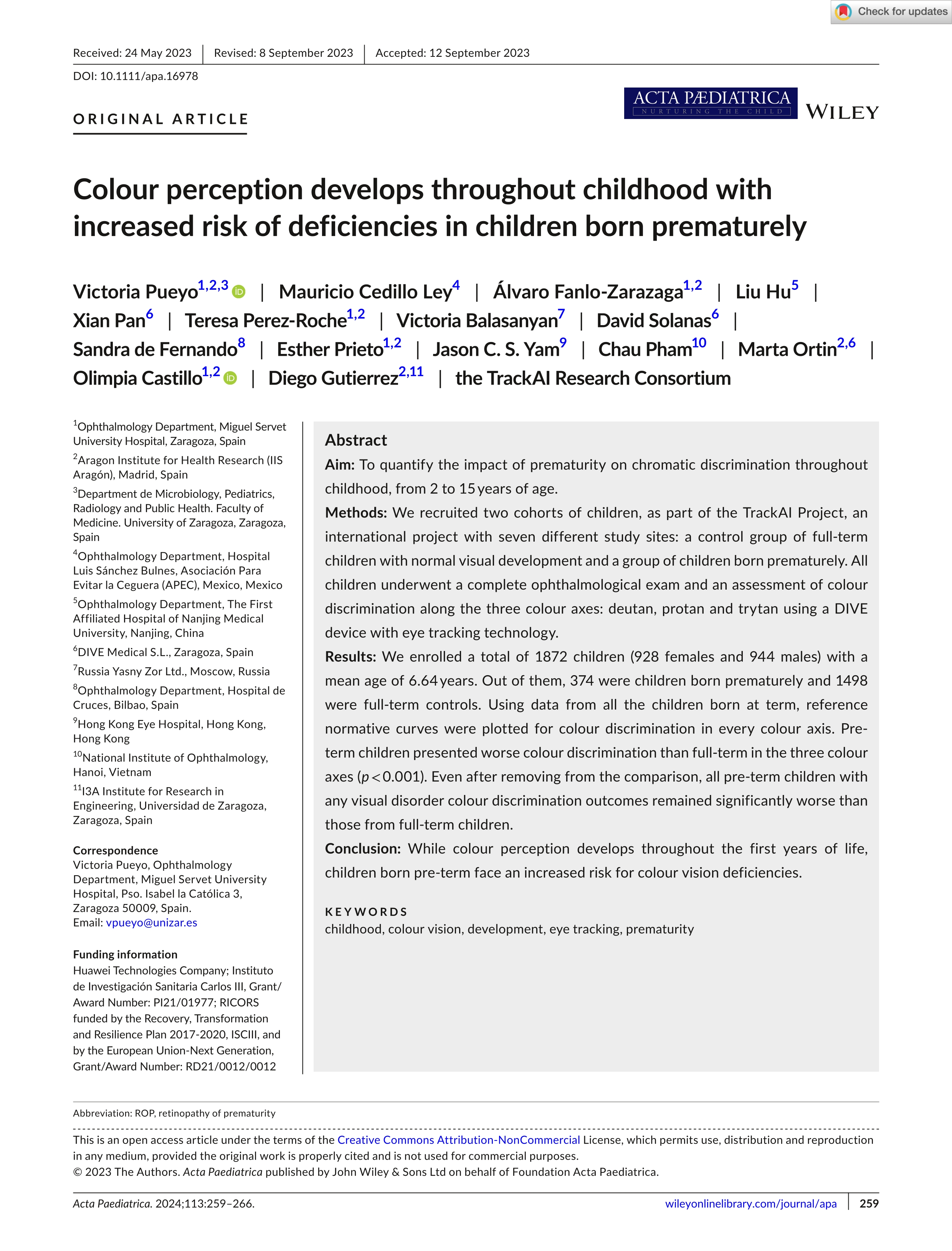 Colour perception develops throughout childhood with increased risk of deficiencies in children born prematurely