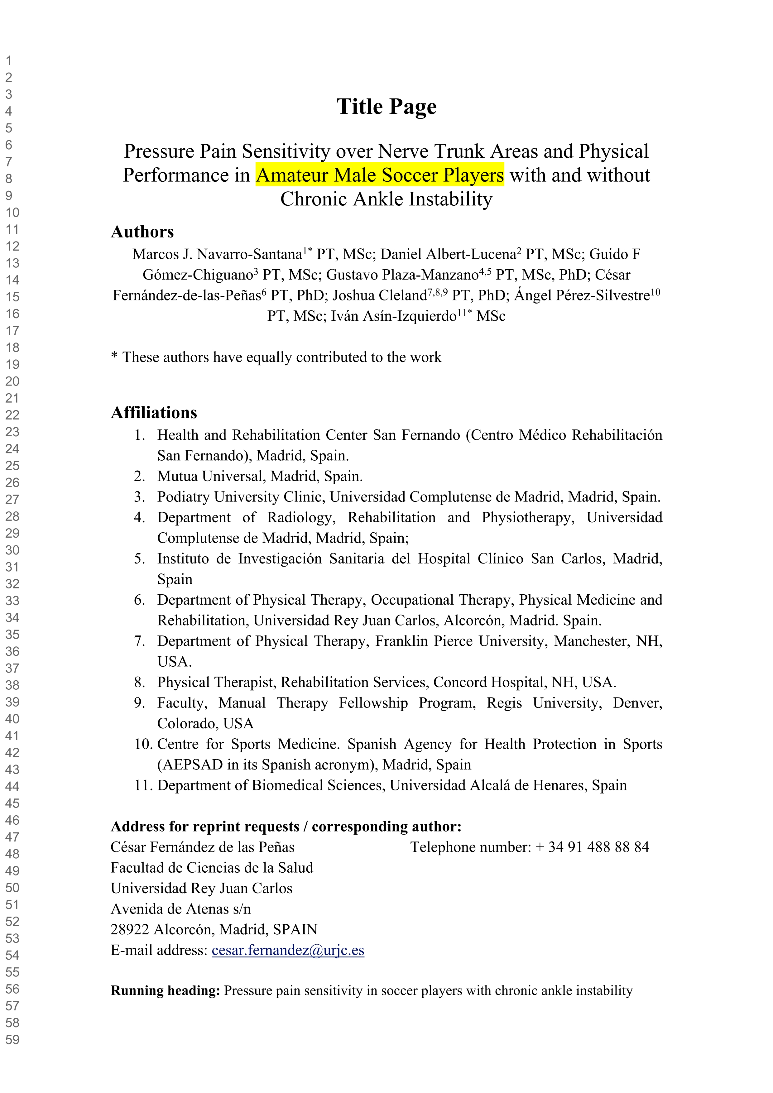 Pressure pain sensitivity over nerve trunk areas and physical performance in amateur male soccer players with and without chronic ankle instability