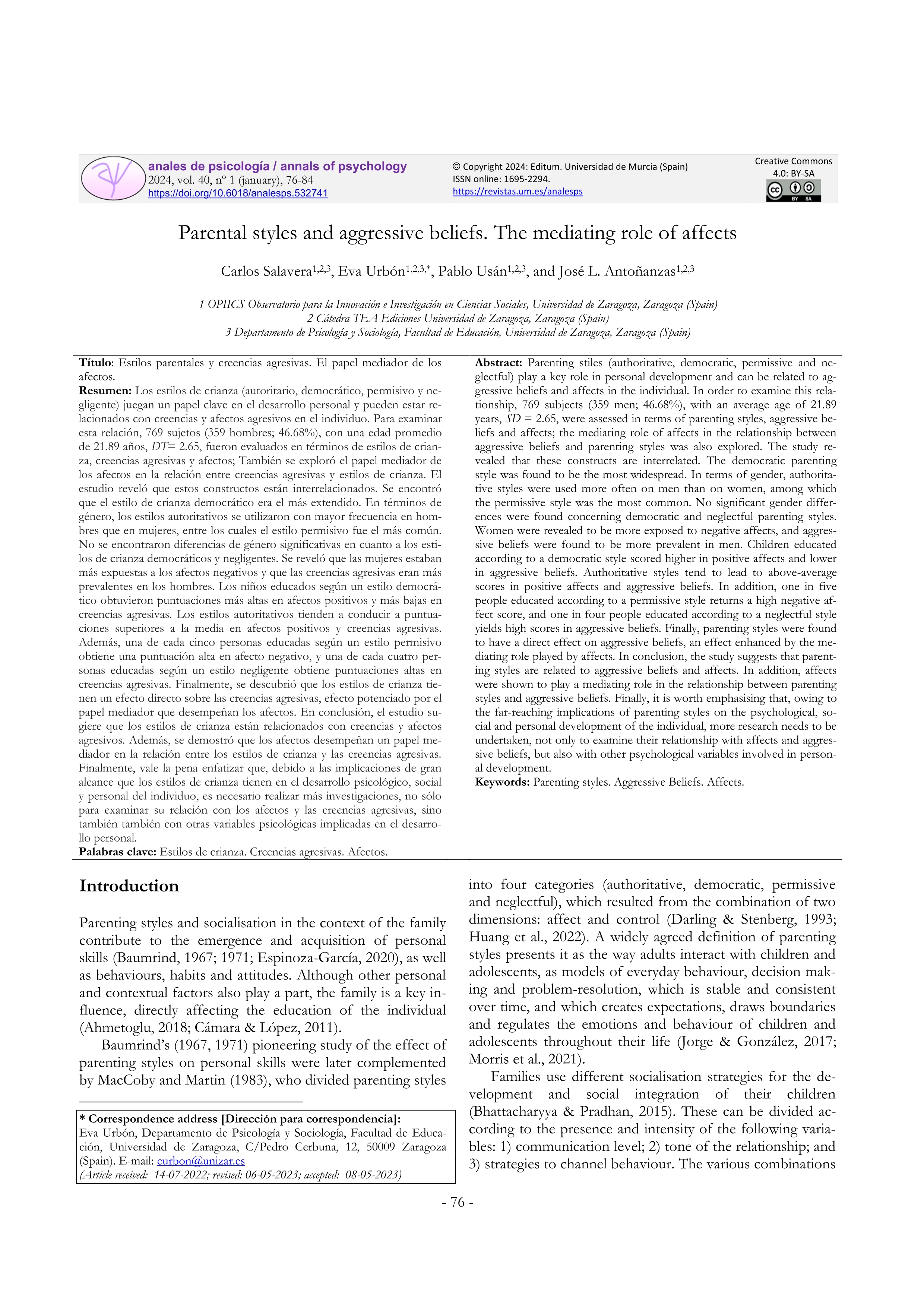 Parental styles and aggressive beliefs. The mediating role of affects.