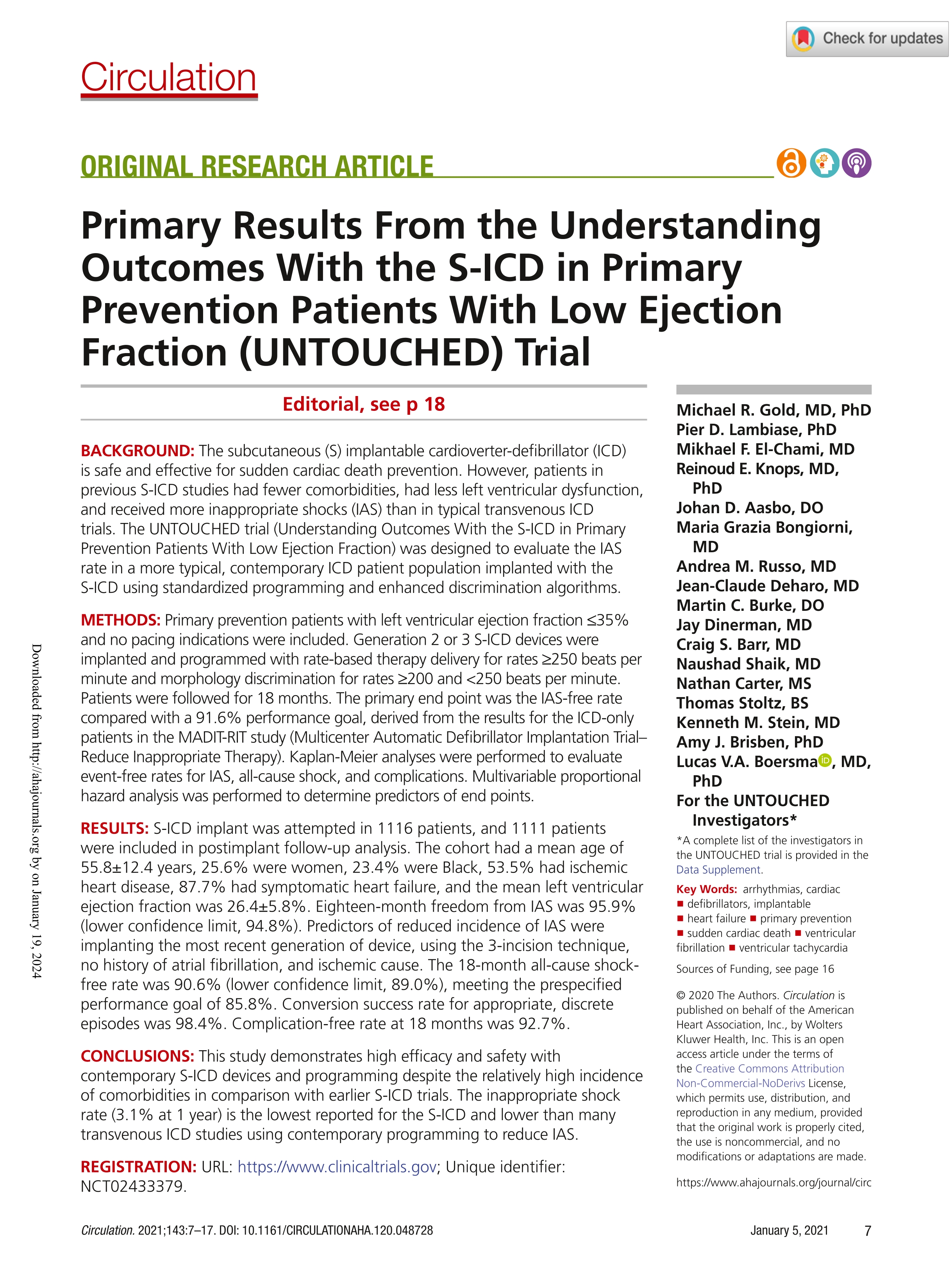 Primary Results From the Understanding Outcomes With the S-ICD in Primary Prevention Patients With Low Ejection Fraction (UNTOUCHED) Trial.