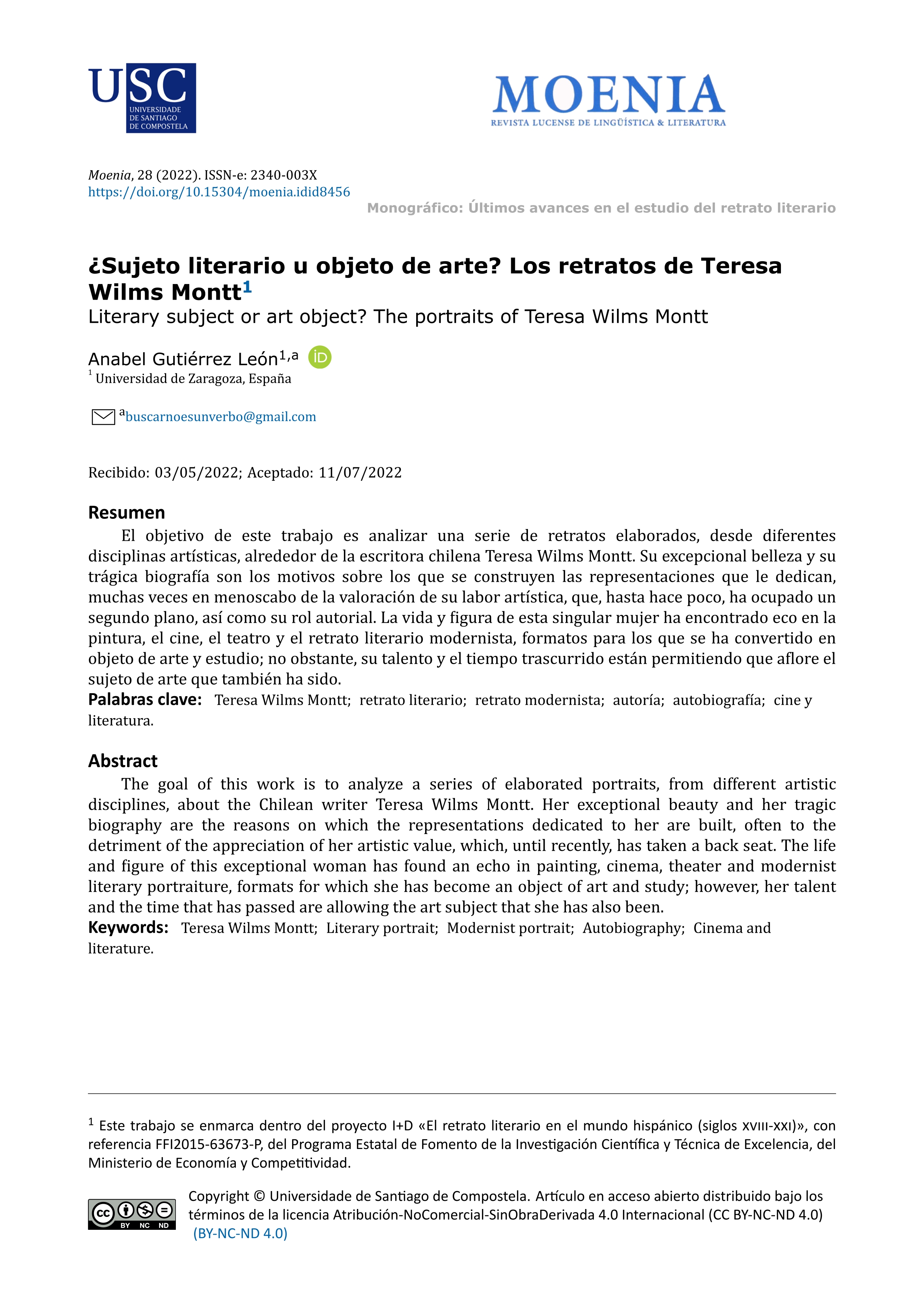 ¿Sujeto literario u objeto de arte? Los retratos de Teresa Wilms Montt