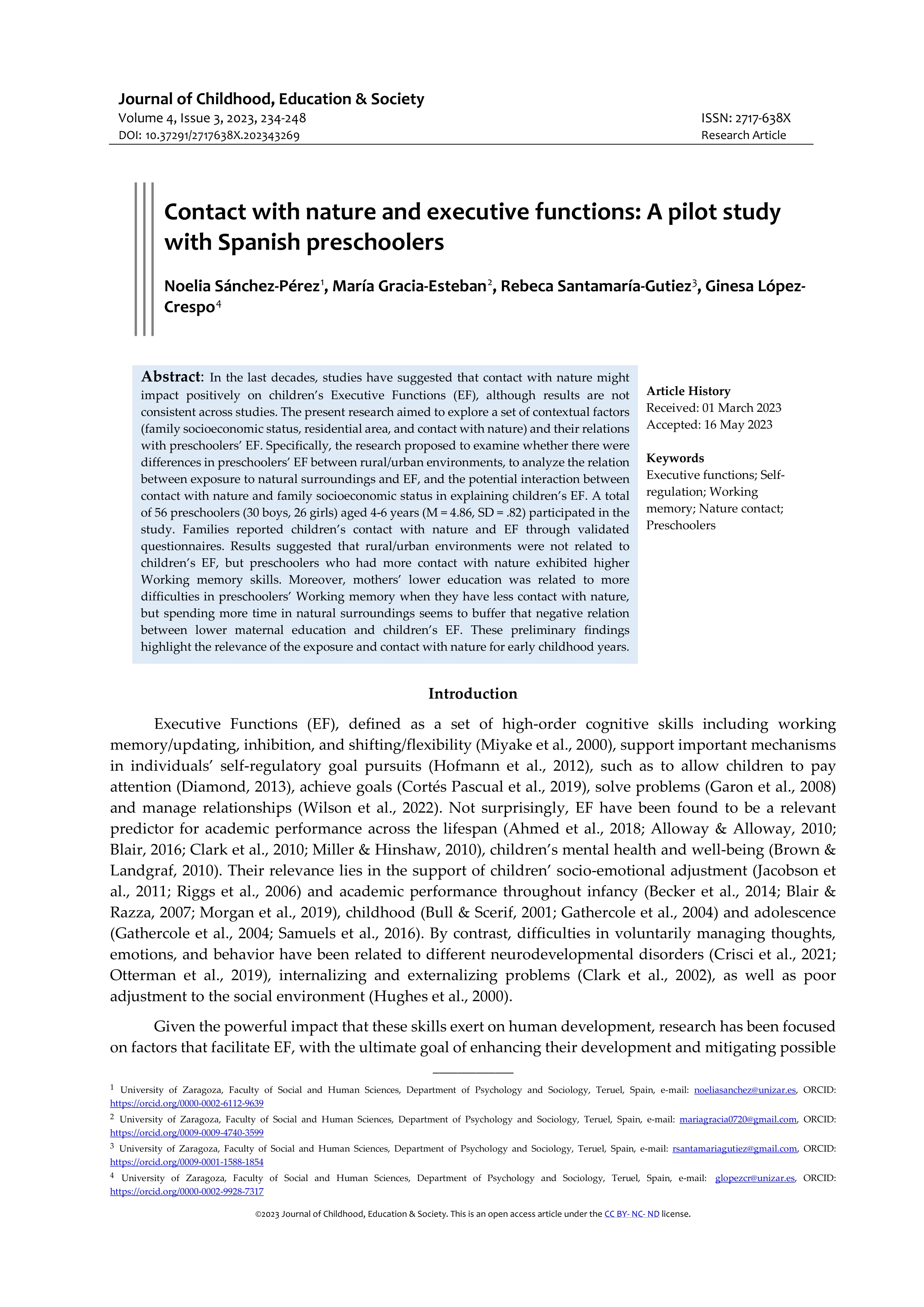 Contact with nature and executive functions: A pilot study with Spanish preschoolers