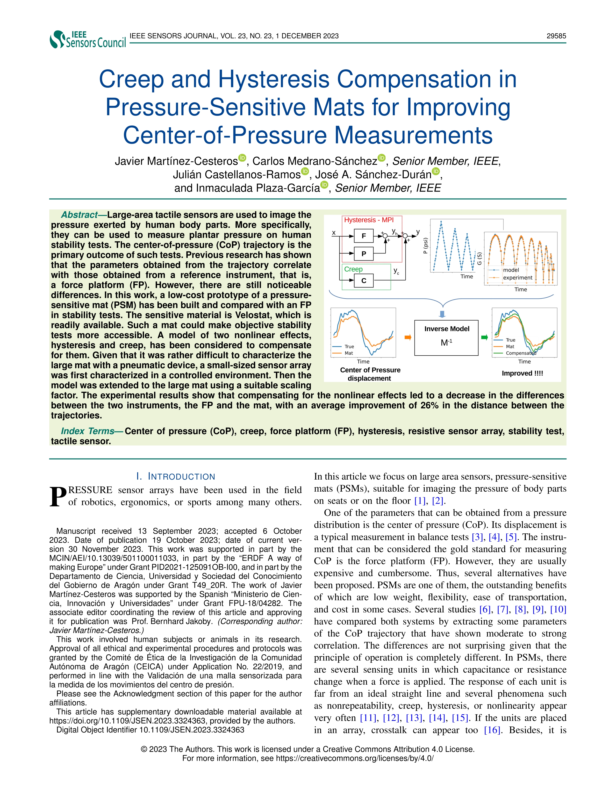 Creep and hysteresis compensation in pressure-sensitive mats for improving center-of-pressure measurements