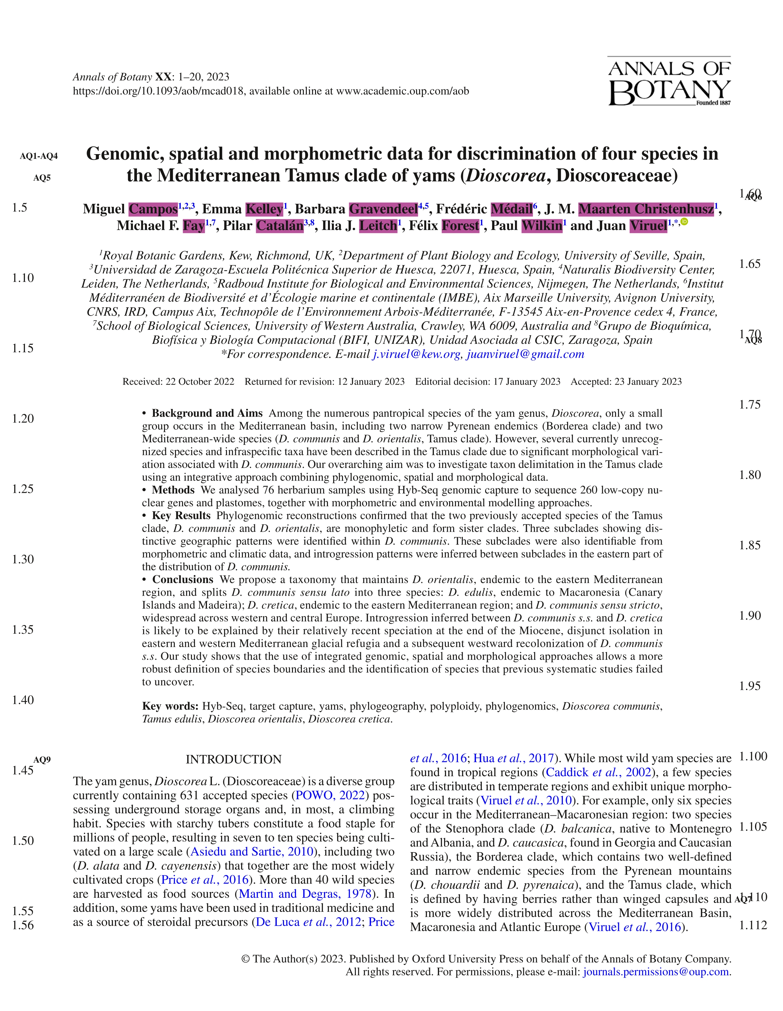 Genomic, spatial and morphometric data for discrimination of four species in the Mediterranean Tamus clade of yams (Dioscorea, Dioscoreaceae)