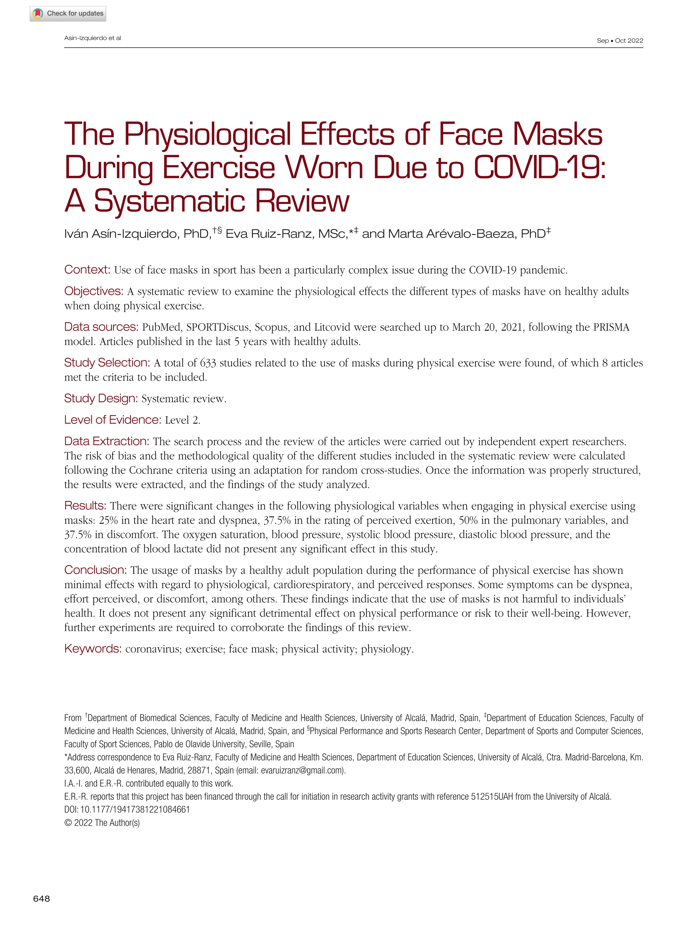 The physiological effects of facemasks during exercise, an approach to the situation of COVID-19: A systematic review