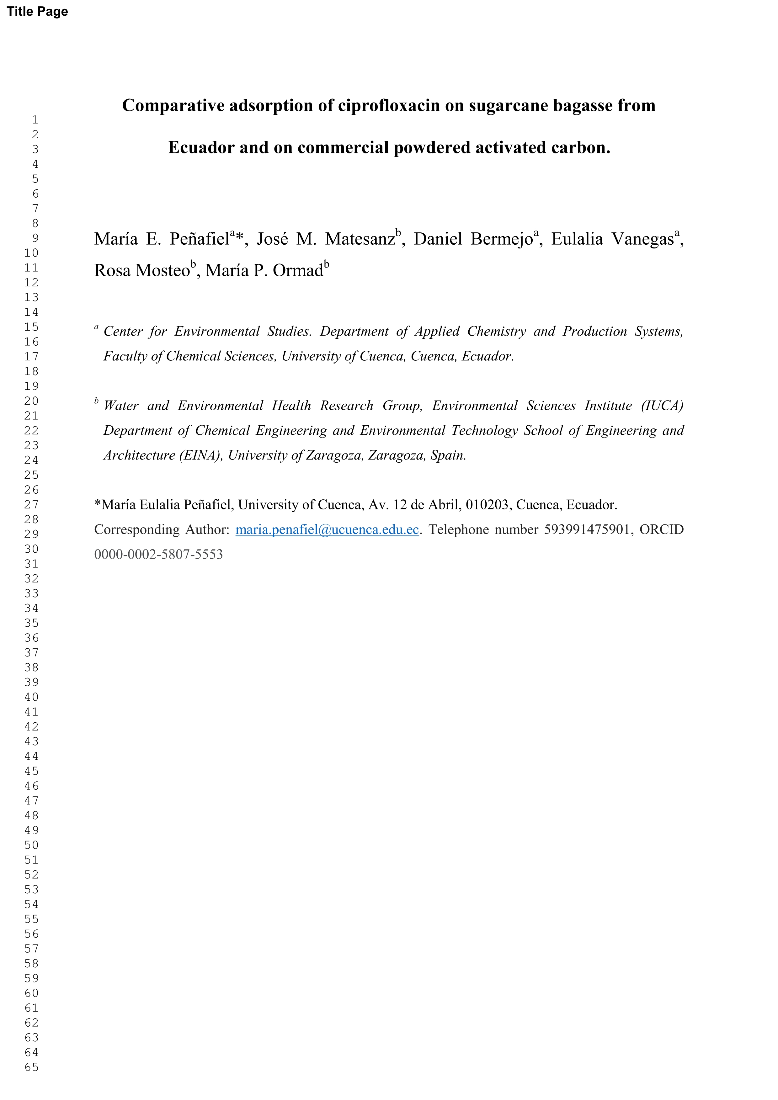 Corrigendum to “Comparative adsorption of ciprofloxacin on sugarcane bagasse from Ecuador and on commercial powdered activated carbon” [Sci. Total Environ., volume 750 (2021) Start page 477–End page 488/141498]