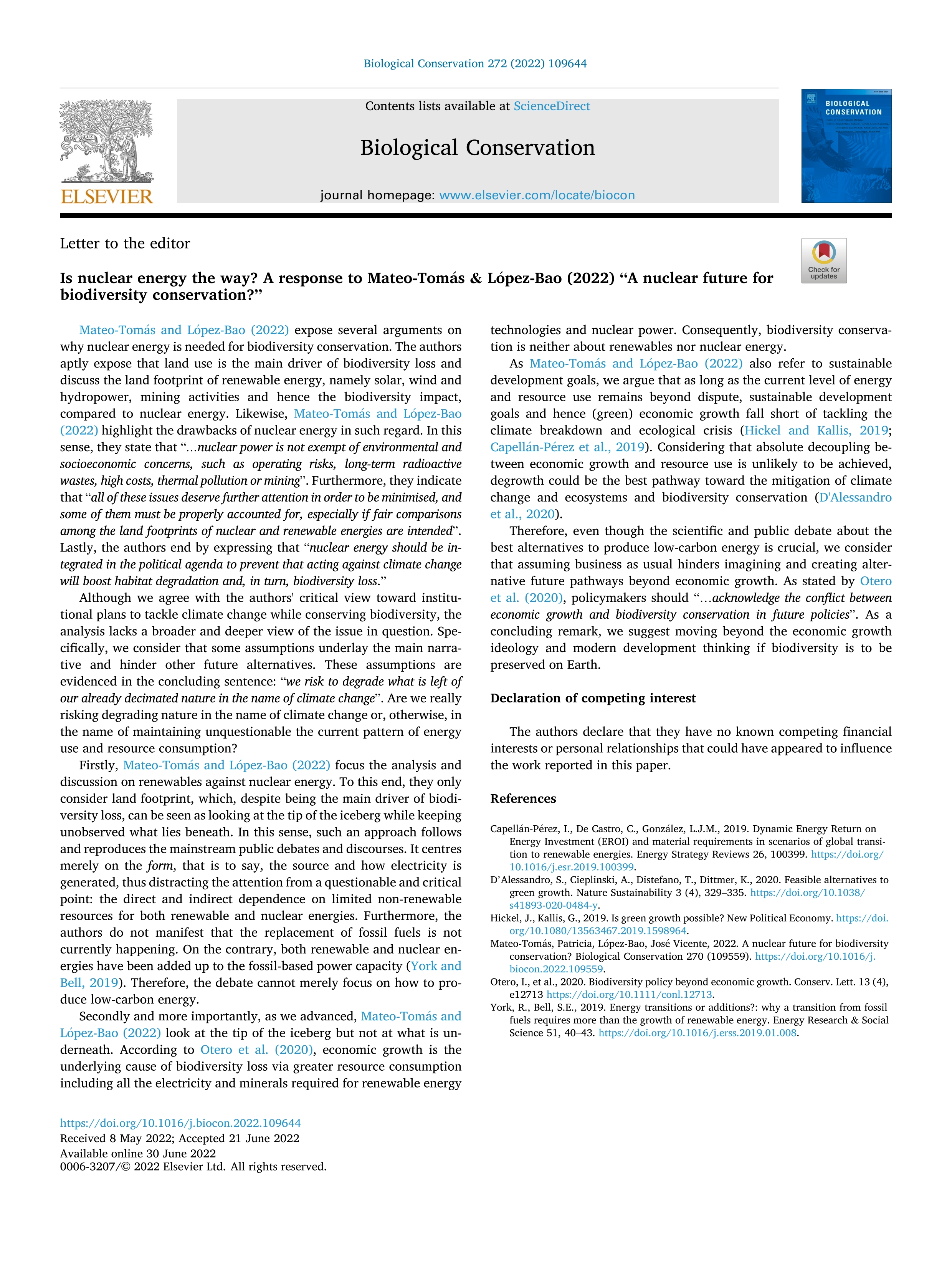 Is nuclear energy the way? A response to Mateo-Tomás & López-Bao (2022) “A nuclear future for biodiversity conservation?”