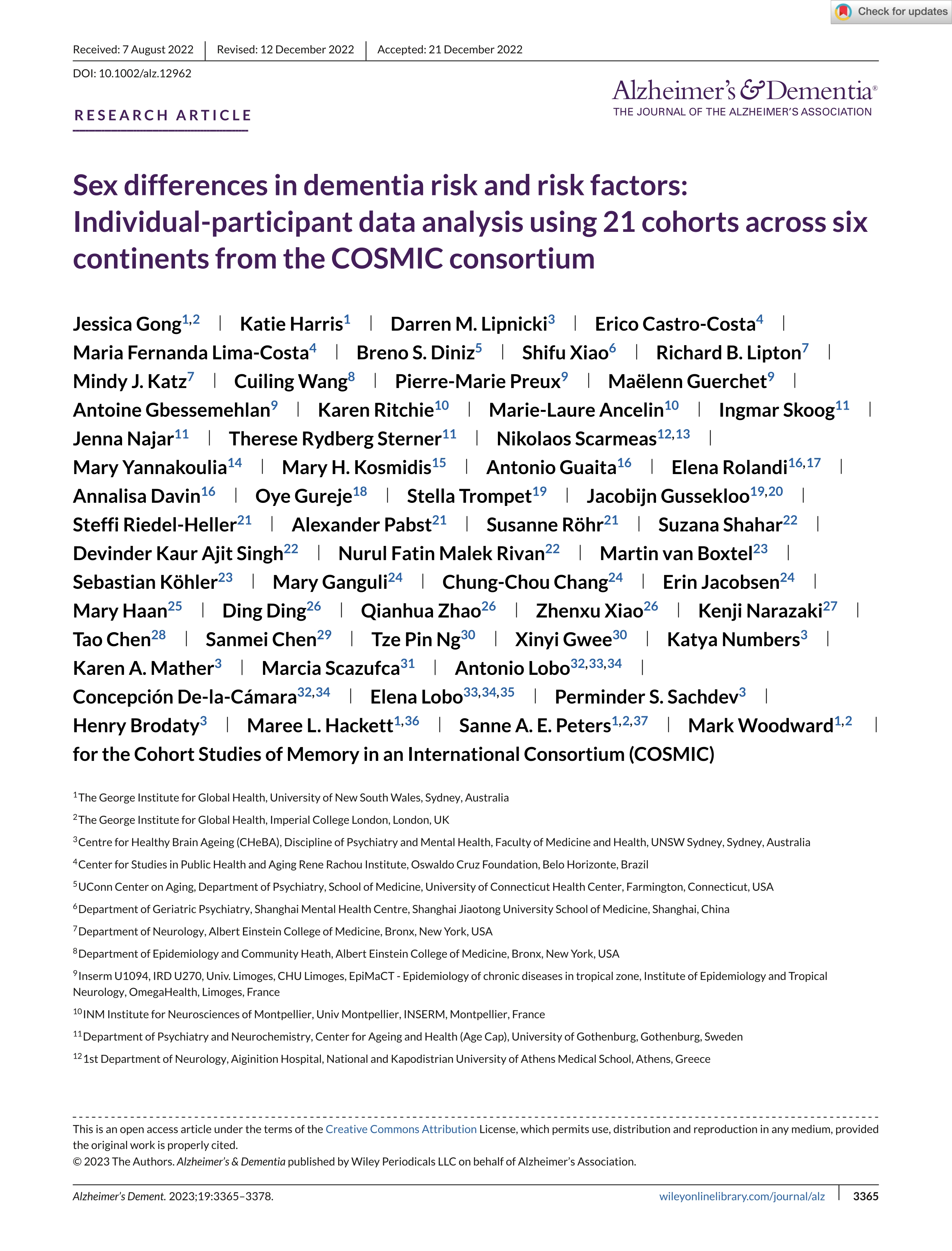 Sex differences in dementia risk and risk factors: Individual-participant data analysis using 21 cohorts across six continents from the COSMIC consortium